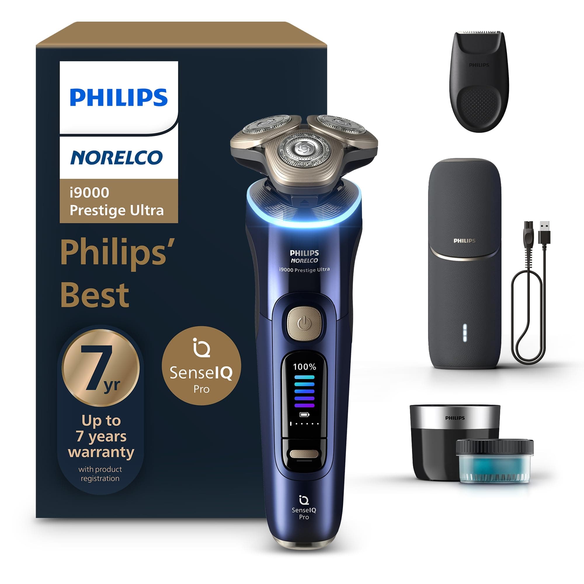 Philips Norelco Shaver i9000 Prestige Ultra, Wet & Dry Electric Shaver, Adriatic, SenseIQ Pro Technology, Triple Lift & Cut System, 360 Rotating NanoTech Precision Blades, Precision Trimmer, XP9401/92