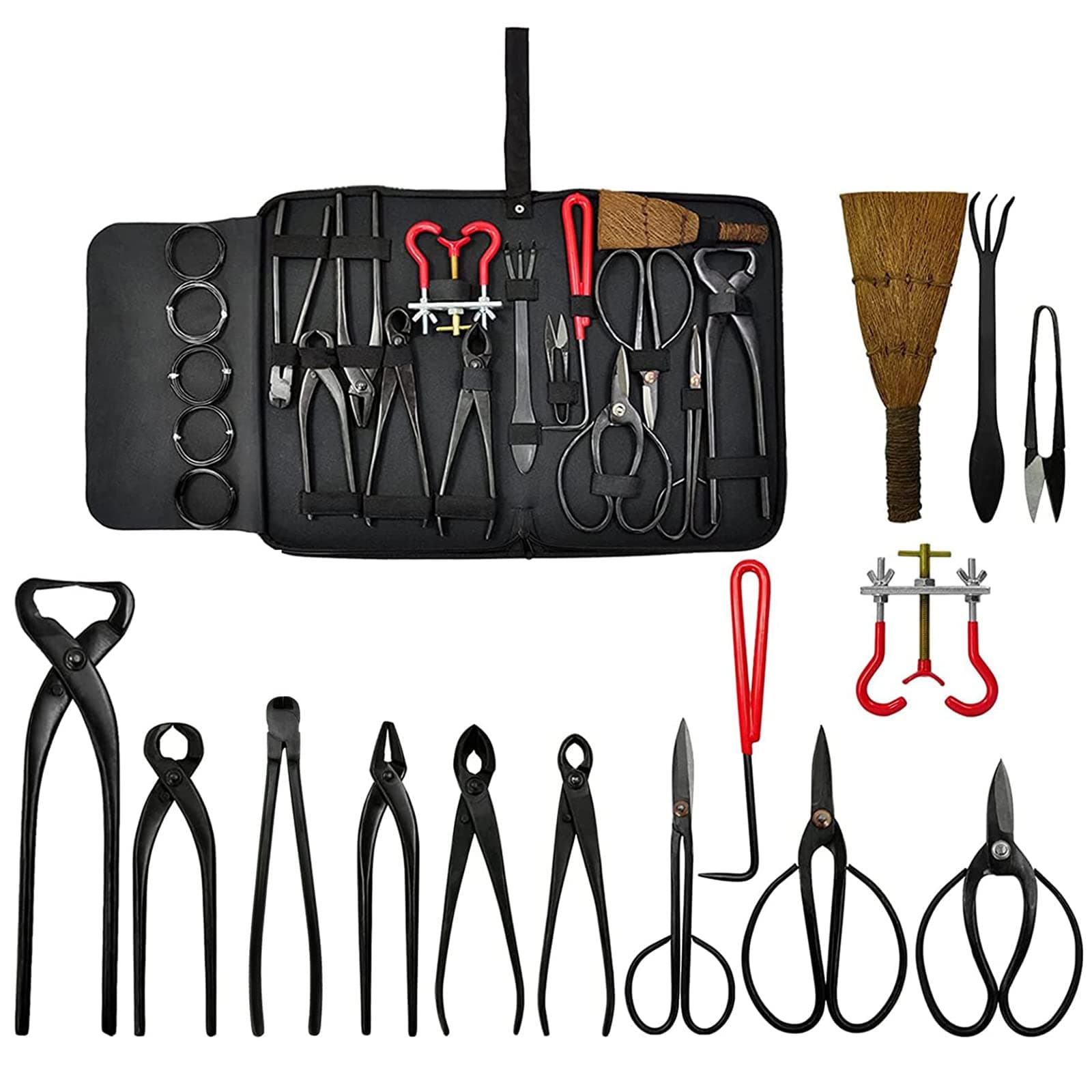 Voilamart Bonsai Tools, 20PCS Bonsai Tool Set Bonsai Tool Kit With 4 Bonsai Scissors 6 Bonsai Cutters 1 Branch Bender 1 Hook 1 Rake 1 Broom 1 Bag 5 Bonsai Wires, Garden Tools Gardening Gifts for Women