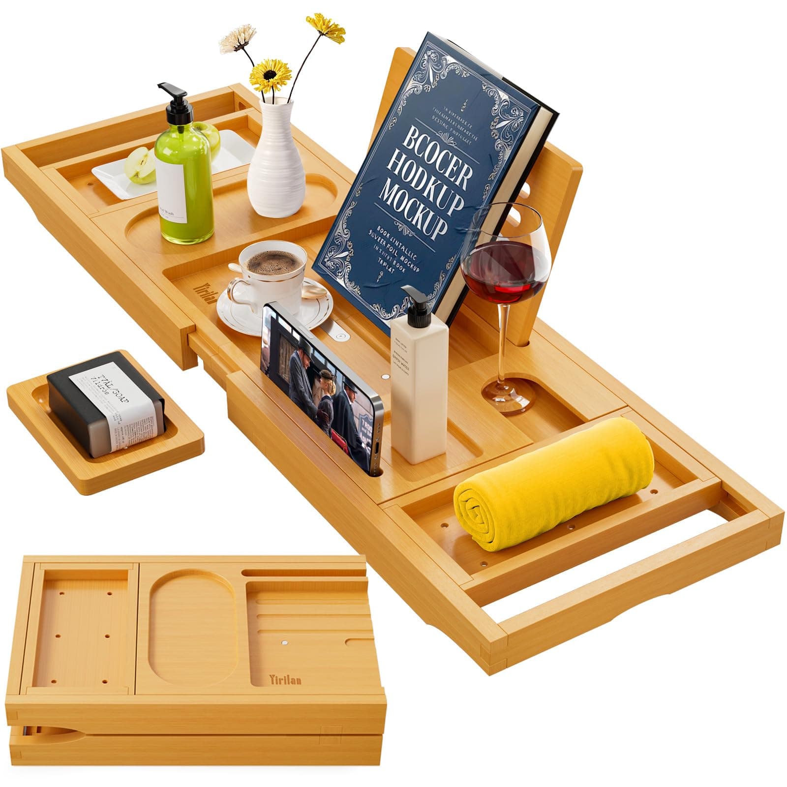 Yirilan Premium Bathtub Tray Caddy, Expandable Bath Tray, Foldable Premium Bath Caddy, New Home, Anniversary and Wedding Gifts for Couple, Bridal Shower Gift for Women - Fits Most Bath Sizes