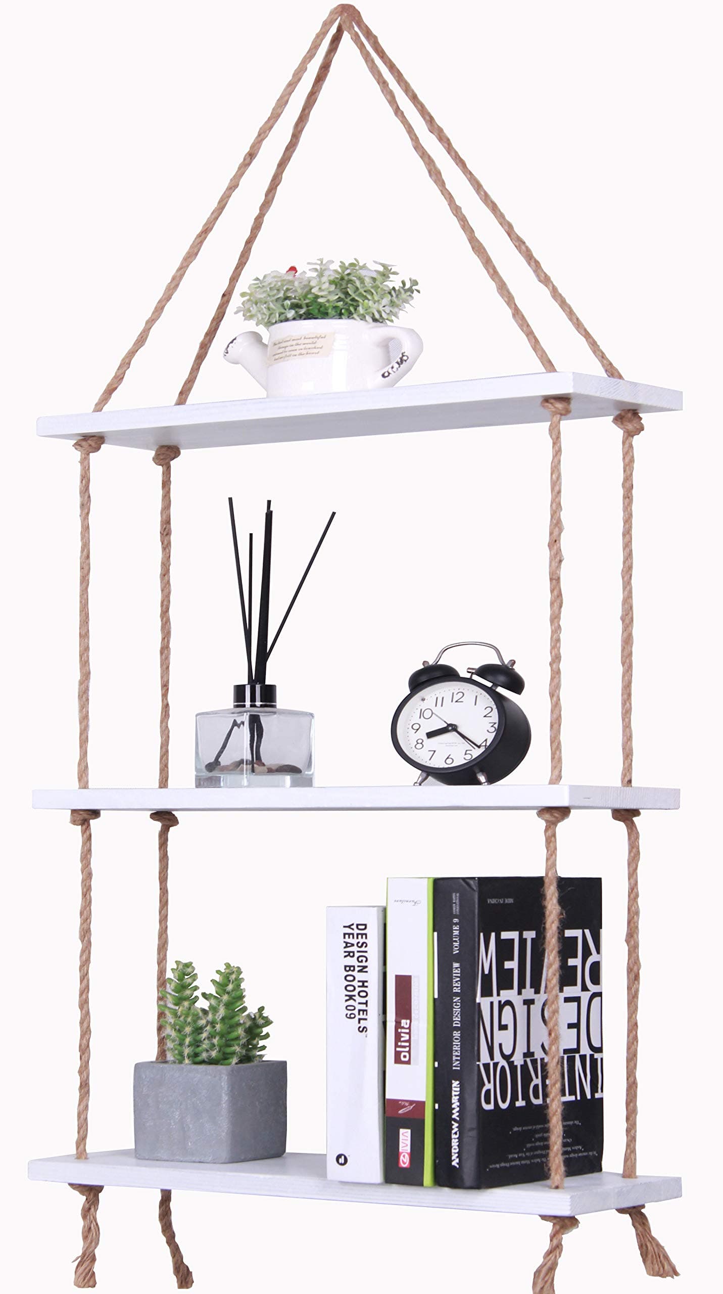 Rustic Rope Hanging Shelves for Wall Wood Window Plant Shelf Indoor 3 Tier Rustic White