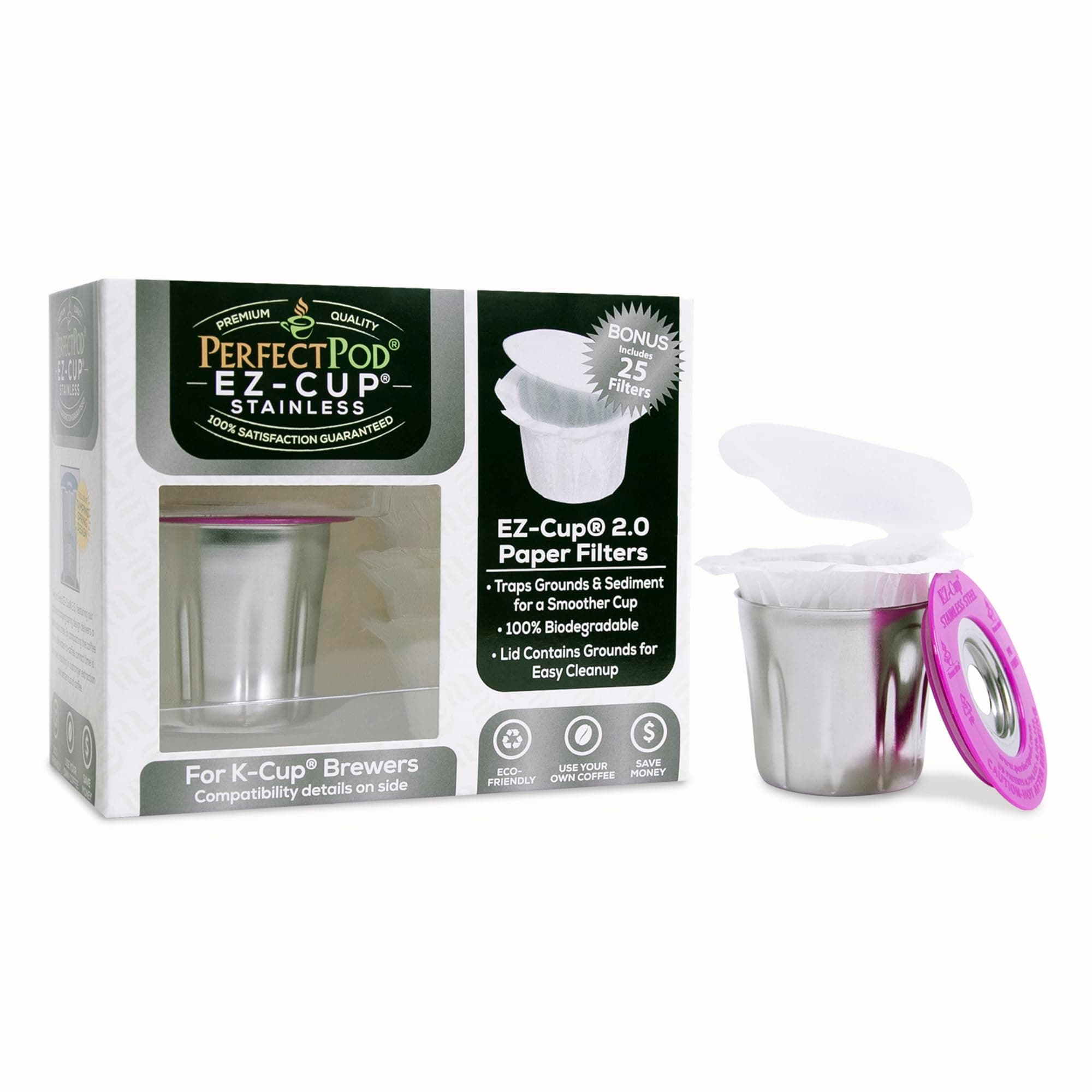 EZ-Cup Stainless Steel 1-Stream Reusable K Cup Coffee Pod for Keurig + 25 Disposable Paper Filters - Refillable Capsule Compatible with Keurig and Other Select Coffee Makers