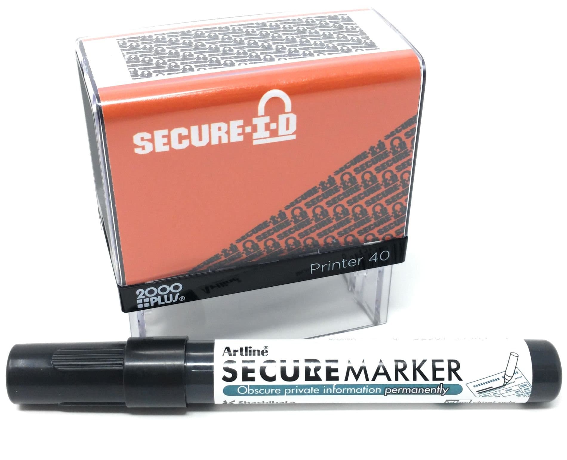 SECURE ID and SECURE MARKER COMBO, Identity Theft Block Out Stamp and Marker Combo. Perfect for Blocking Out Confidential Information, Orange Case