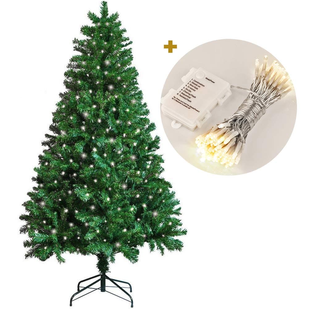 Koopower 1.8M/ 6FT Christmas Tree 800 Branches Artificial Tree with 100 LEDs Battery Operated Xmas Fairy String Lights Warm White (Metal Stand, Green)