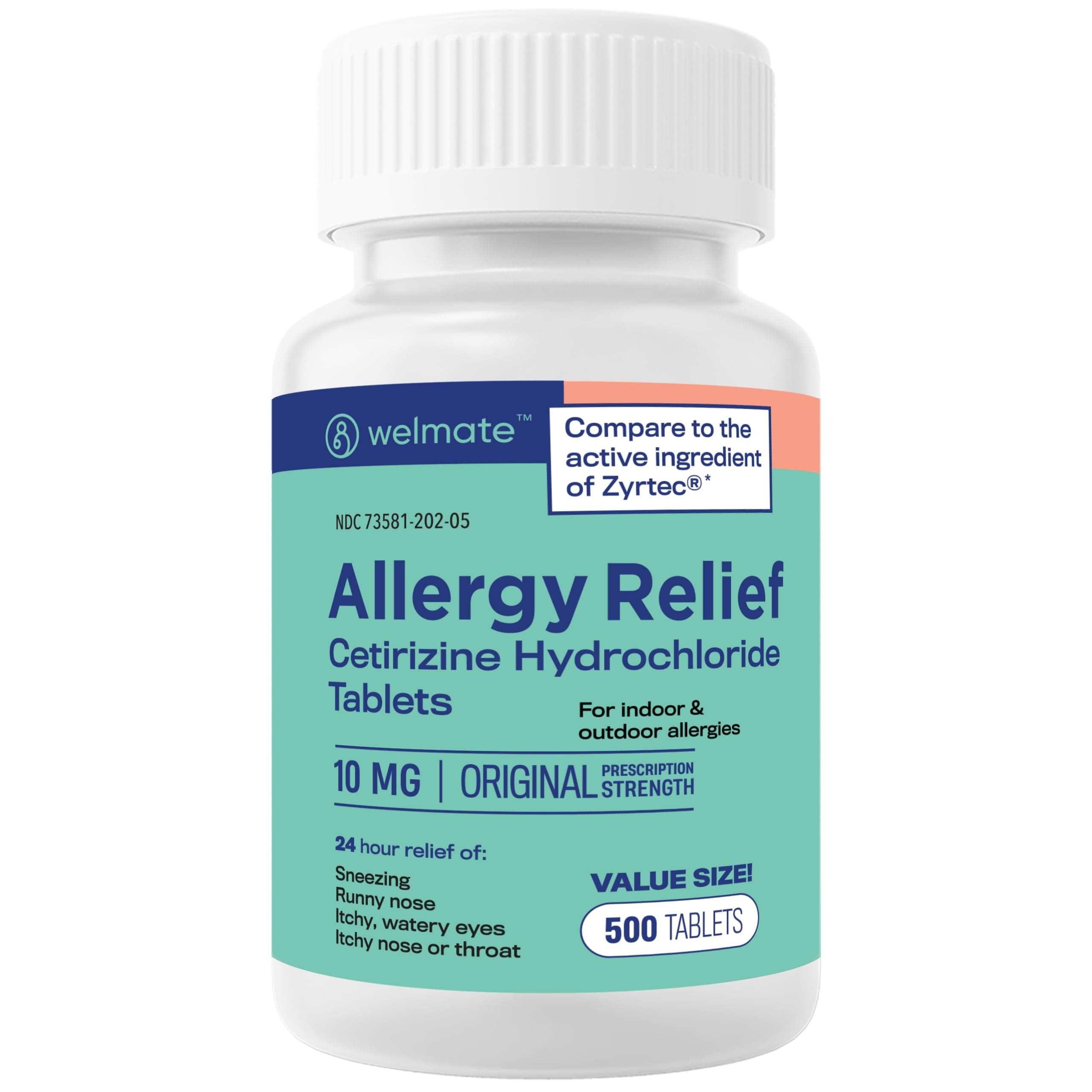 Allergy Relief (500 Tablets) Cetirizine Hydrochloride 10mg - 24 Hours - Non Drowsy - Indoor & Outdoor Allergy Medicine - Antihistamine - Nose, Eyes & Throat - Over-The-Counter Medication