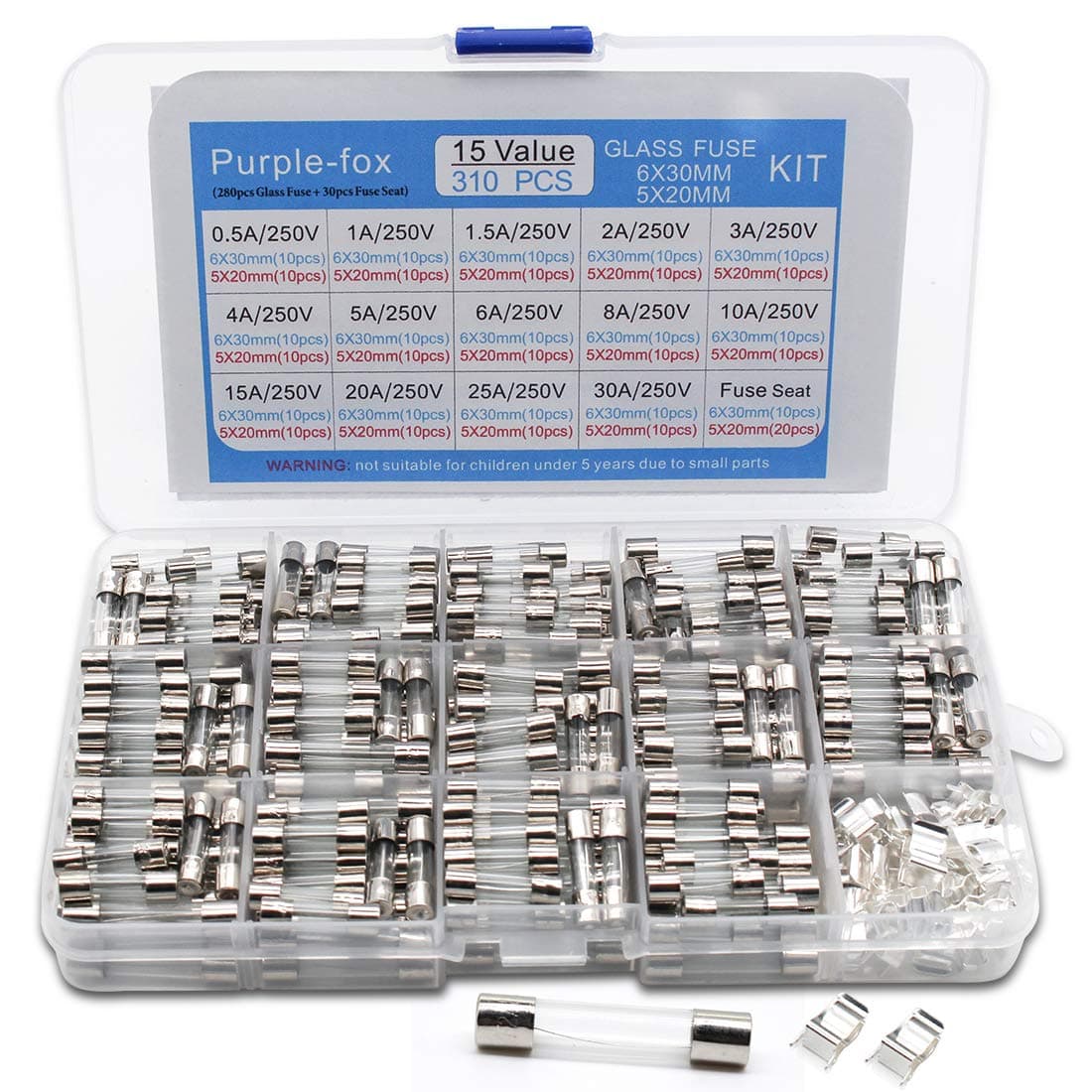 Purple-fox 28 Values 310pcs Fast-Blow Glass Fuses Assortment Kit 5x20mm 6x30mm 250V 0.5 1 1.5 2 3 4 5 6 8 10 15 20 25 30A amp Packaged in a Clear Plastic Box with 30PCS Fuse Seat