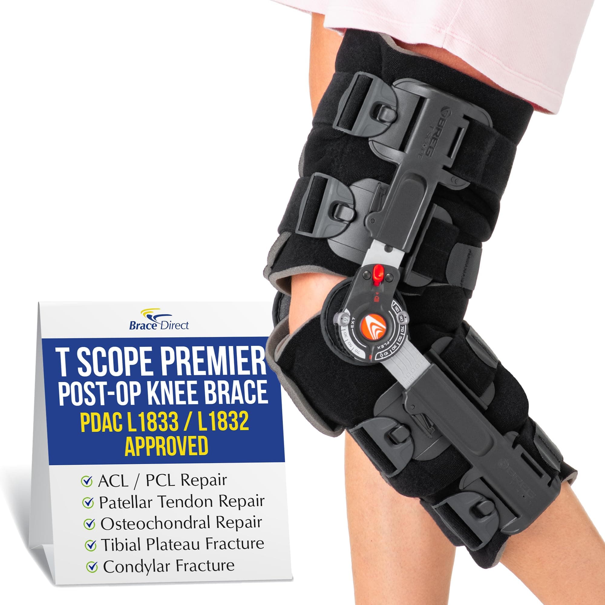 Breg T Scope Premier Full Foam Post Op Knee Brace Adjustable ROM for ACL PCL LCL Recovery L1833 L1832 (Thighs Up to 30.5")