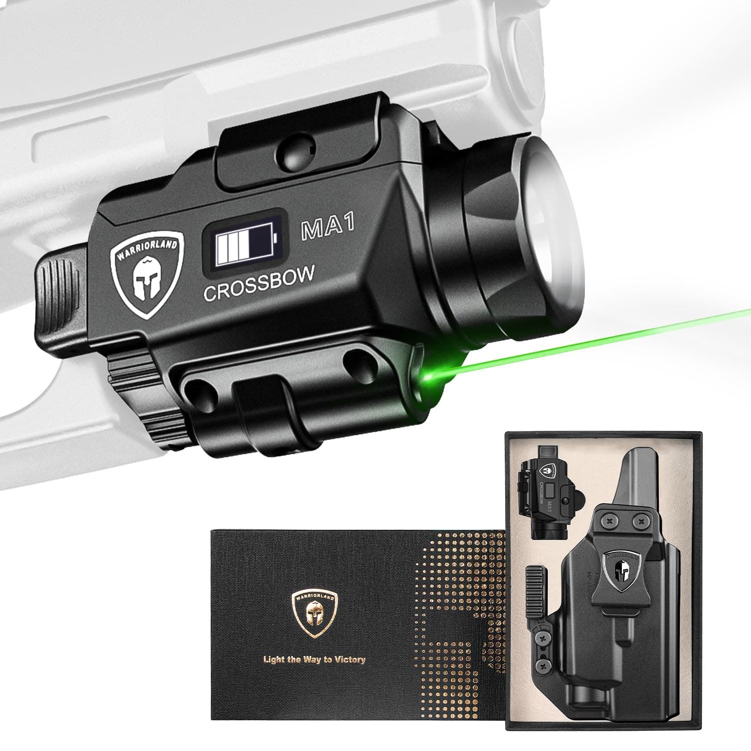 WARRIORLAND MA1 800-Lumen Universal Pistol Light Laser Combo, Select IWB Holster for Glock 17/19/19X Gen 3-6 & G34 Gen4-5 &G44/45 &MOS, Rail Mounted Tactical Light, Rechargeable | Screen Power Status