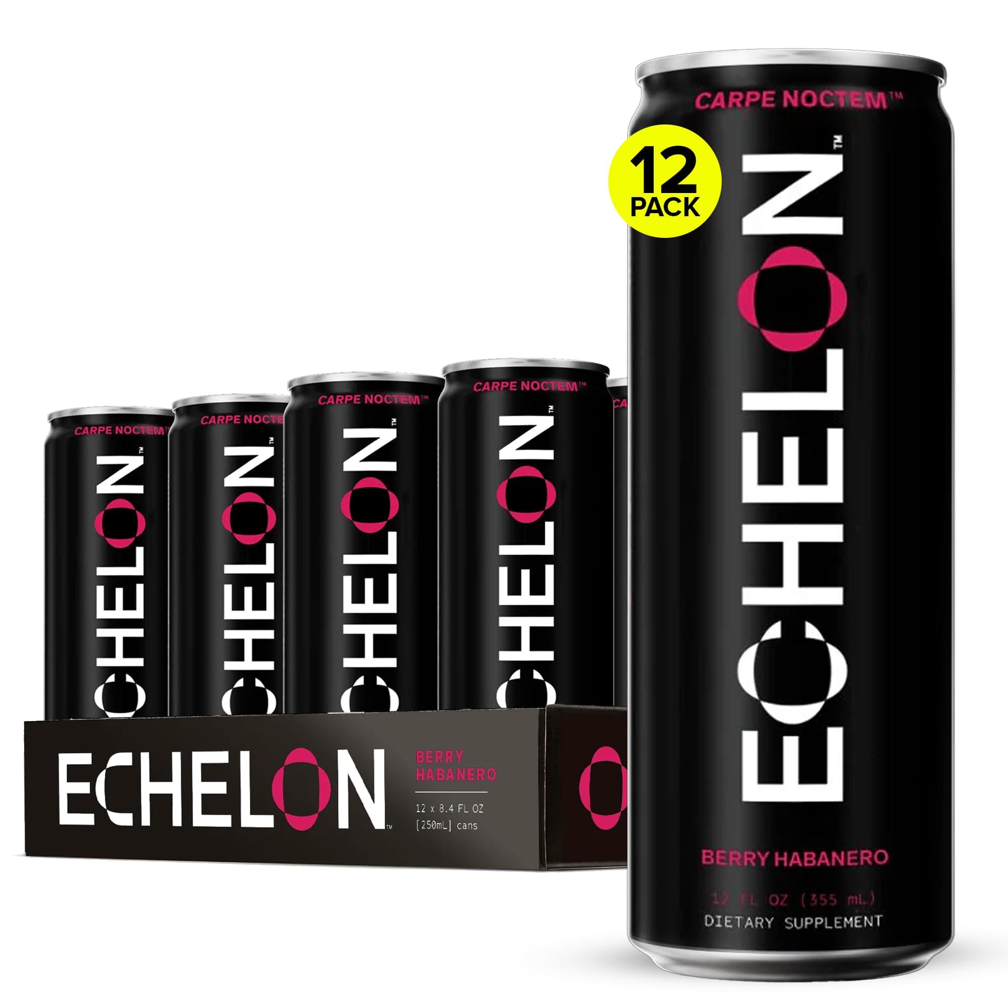 Echelon Pre-Workout Energy Drink | Berry Habanero | 12 Pack | Sustained Energy, Focus and Endurance Dietary Supplement | 300mg of Caffeine | Beta-Alanine, L-Theanine & Fiber | Vegan