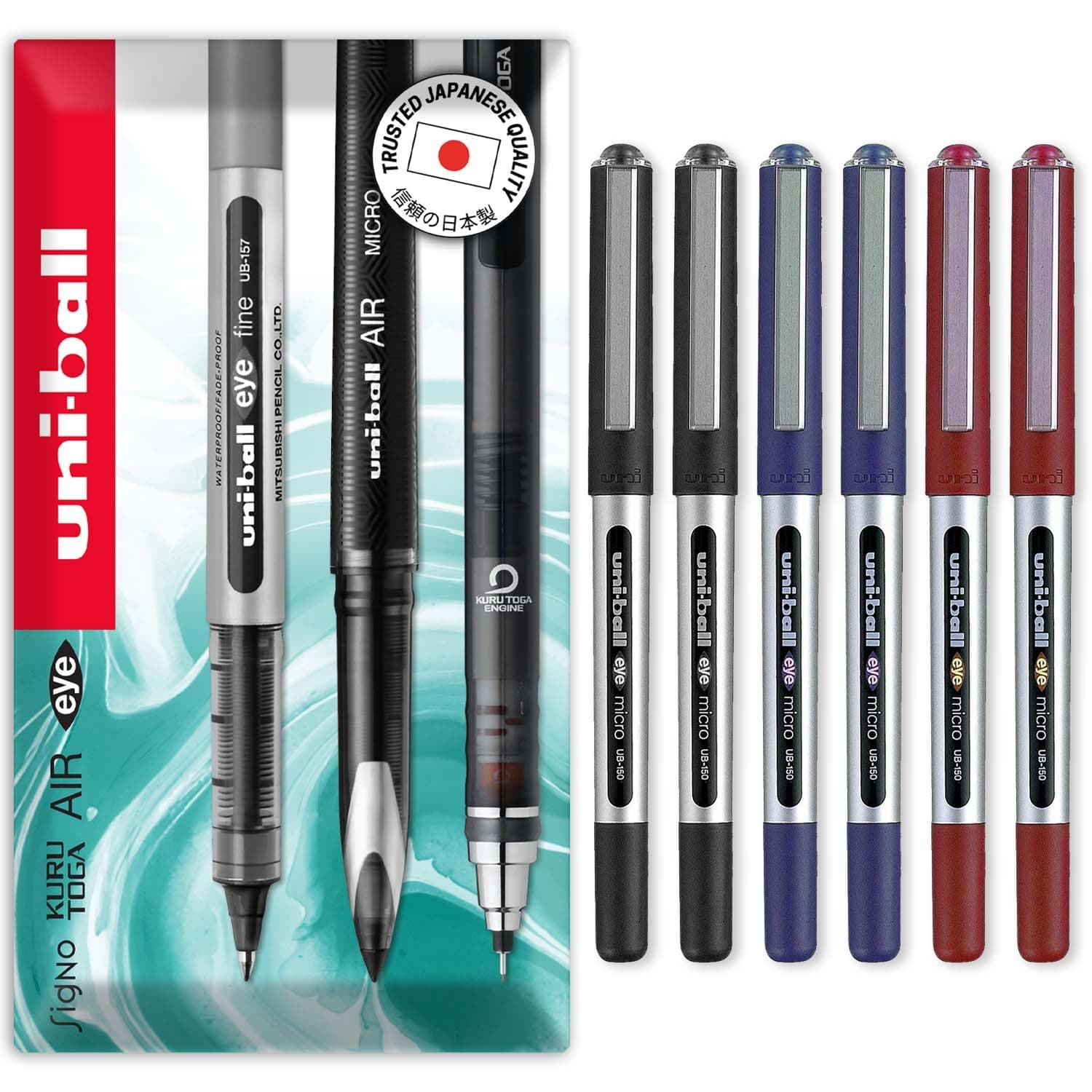 Eye Micro Ub-150 Gel Ink Pen - 0.5 mm - Pack of 6-2 x Black, 2 x Blue, 2 x Red - In Gift Box