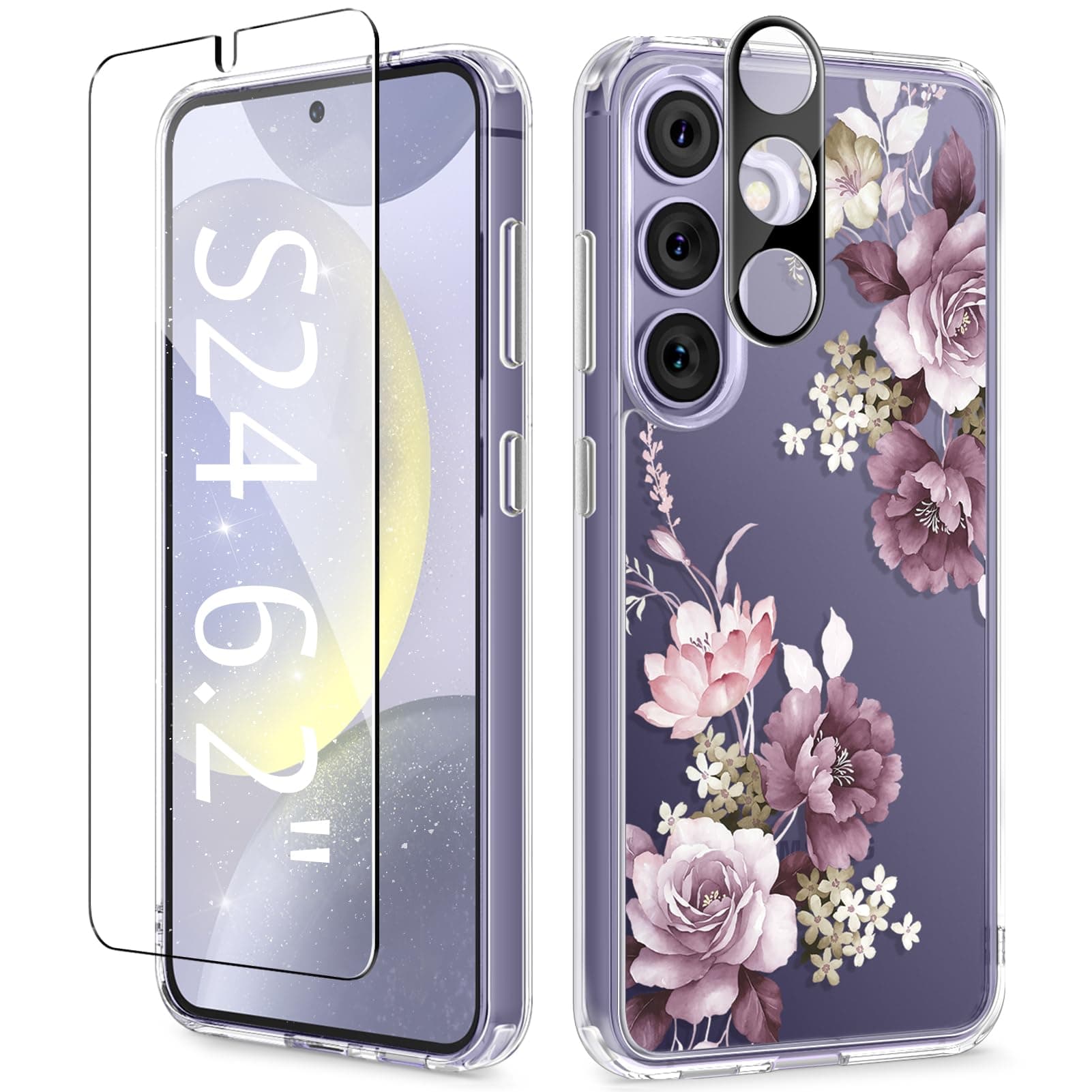 Compatible with Samsung S24 Case Galaxy 6.2" 2024, with Screen Protector & Camera Lens Protector, Non-yellow Flower Clear Hard PC+Soft TPU Shockproof Protective Cover, Cherry Blossoms/Purple