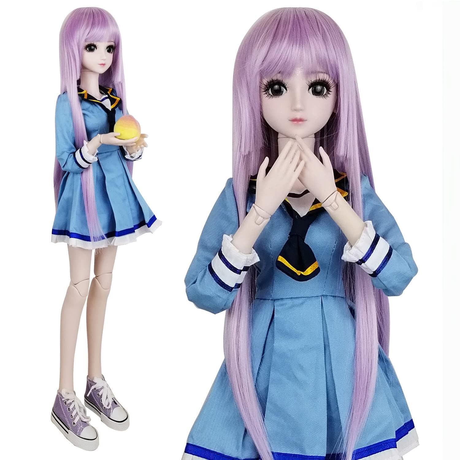 1/3 BJD Doll, 20 Movable Joints Plastic Ball Jointed Doll, Removable Hair & Clothes, Openable Head for Eye Replacement, Full Set with Blue School Uniform, Gift for Kids 6+