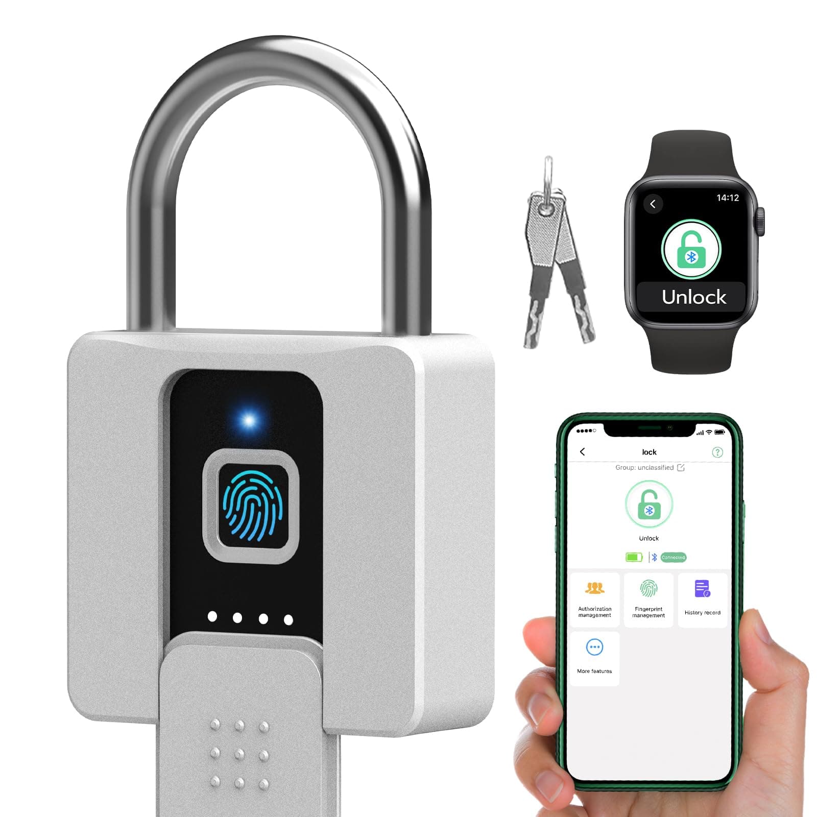 Fingerprint Lock, Dhiedas Fingerprint Padlock with Bluetooth Key, Smart Biometric Padlock Waterproof Outdoor Gate Padlock for Sheds Storage Fence Door
