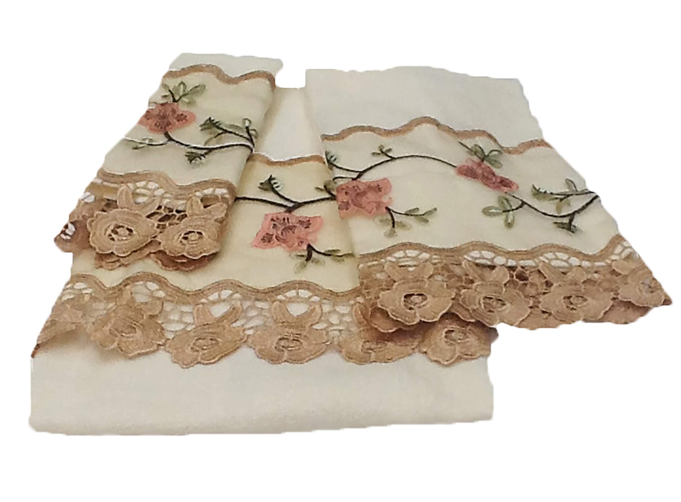 Editex Home Curtain 3 Piece Rose Garden Towel Bath Set, 24" x 48"/16" x 25"/12" x 12", Gold