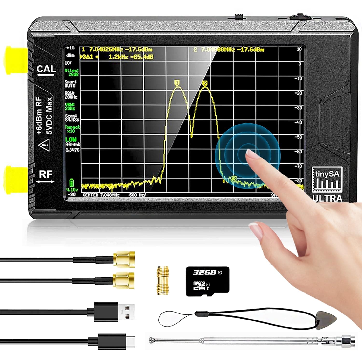 4Inch TinySA Ultra Spectrum Analyzer 100kHz-5.3GHz,V0.4.5.1 Portable Tiny Frequency Analyzer with 32GB SD Card & 3000mAh Battery, 2-in-1 RF Signal Generator RBW LNA DANL Phase Noise