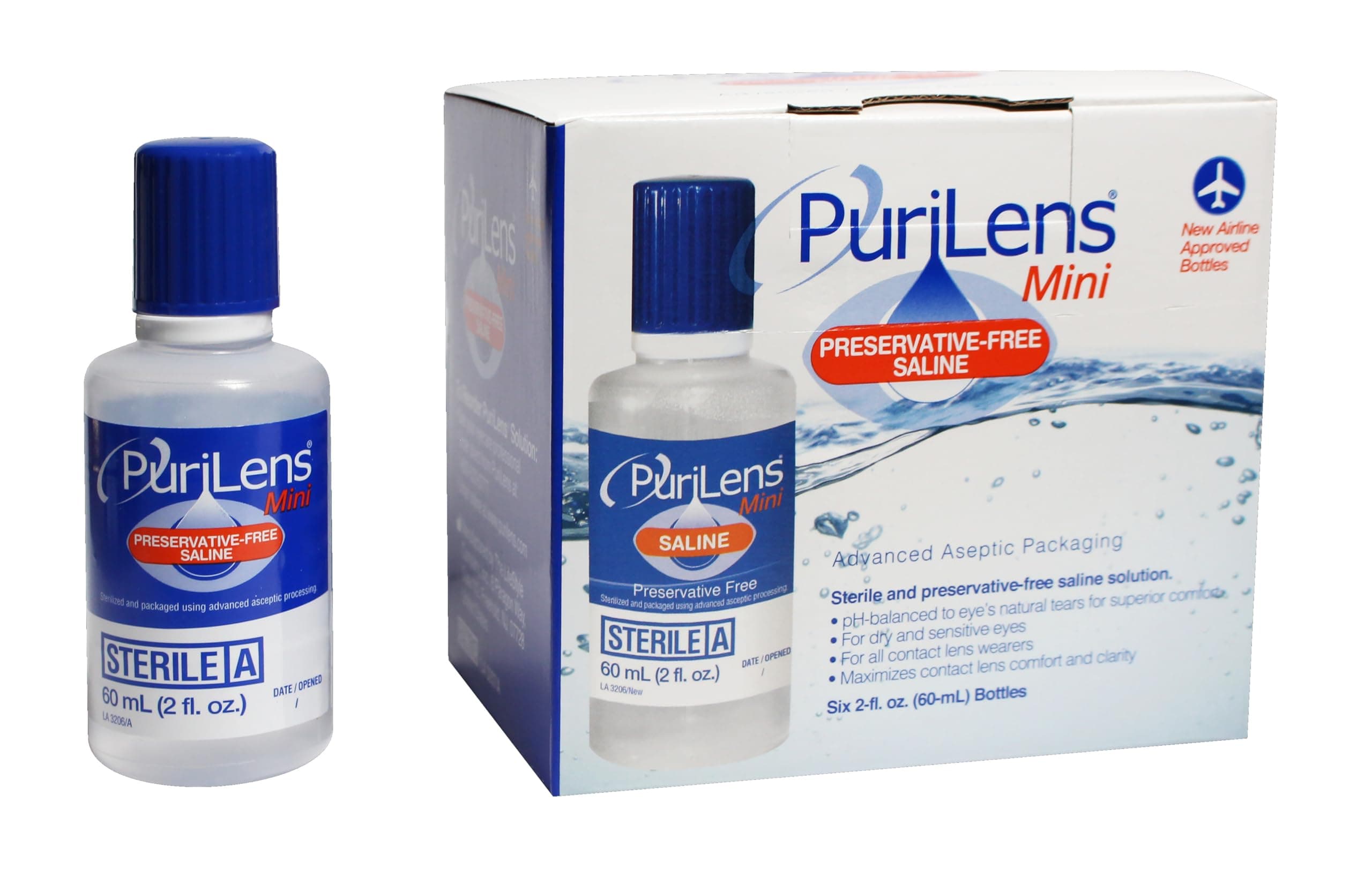 Purilens Mini Preservative Free Saline Six (60-mL) Bottles, Clear, 2 Fl Oz (Pack of 6)