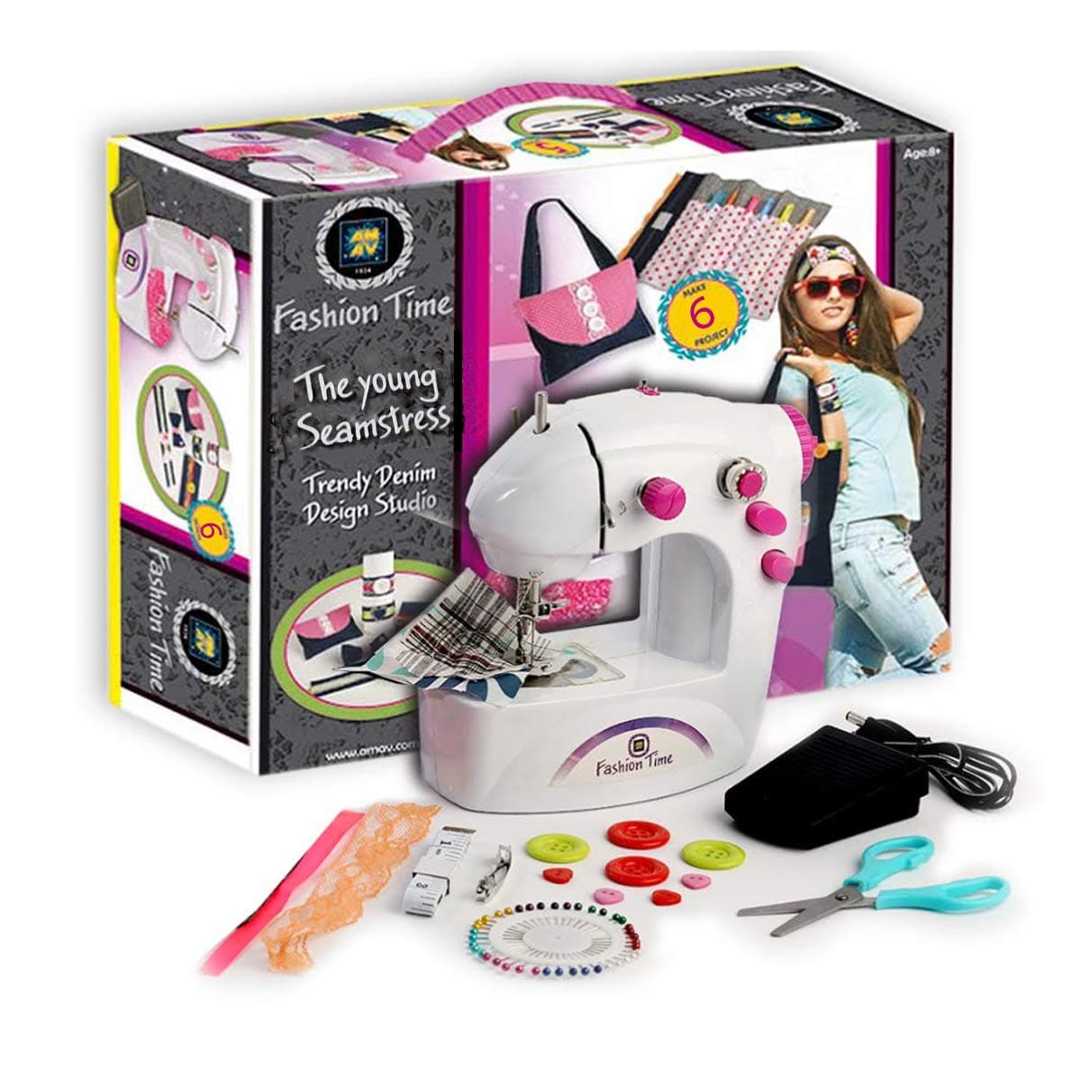 AMAV Fashion Time The Little Seamstress Denim Creations Craft Educational Sewing Kit - DIY Make Your Own Fashion, Sewing Machine Set for Girls