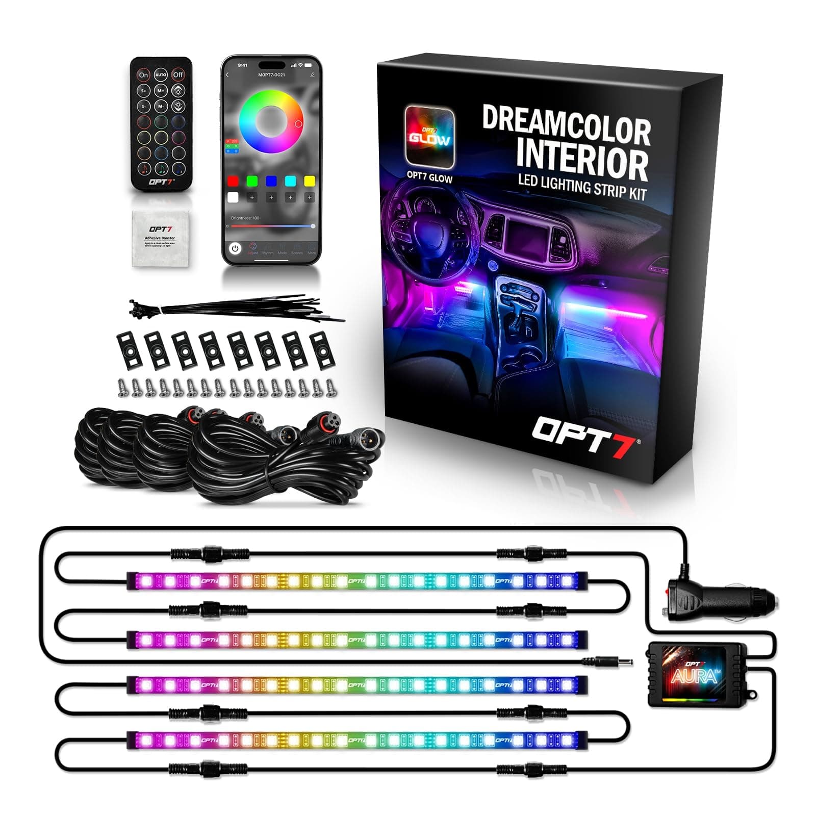 OPT7 Aura DreamColor RGB-IC LED Car Interior Light Strips, 4PC Interior Ambient Lighting Kit, Color Chasing Light Kit w/APP Control & Wireless Remote, Universal for Vehicles SUV Trucks Pickups Van