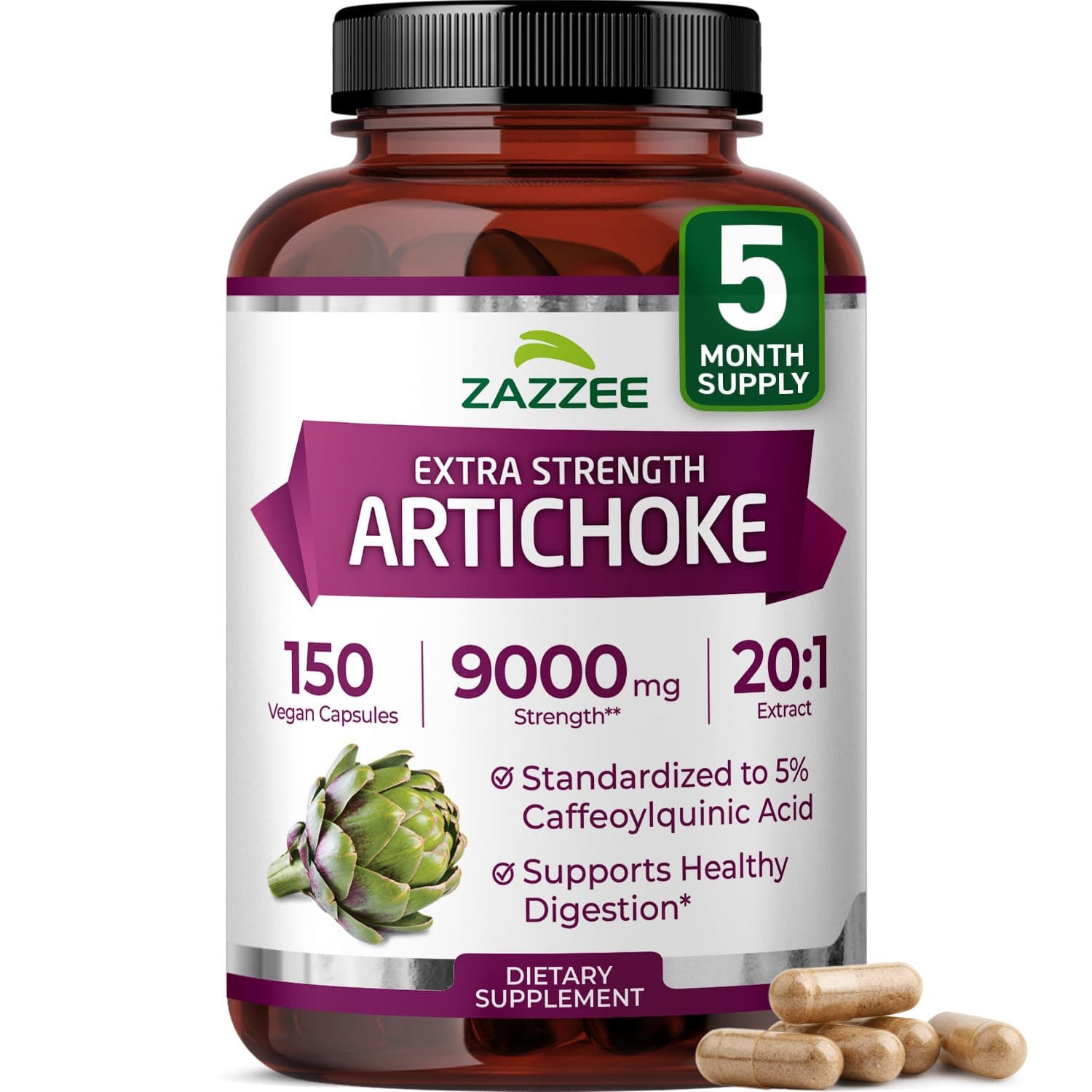 Zazzee Extra Strength Artichoke 20:1 Extract, 9000 mg Strength, 5% Caffeoylquinic Acid, 150 Vegan Capsules, 5 Month Supply, Concentrated and Standardized 20X Extract, Non-GMO and All-Natural