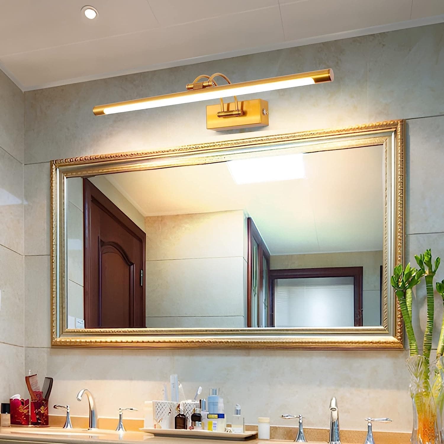 HUA QIANG WANG 24 Inch Gold LED Mirror Front Light with Side Switch, 15W Bathroom Vanity Wall Lamp, 3-Color Lighting, Hardwired Installation, No Battery, No Memory Function