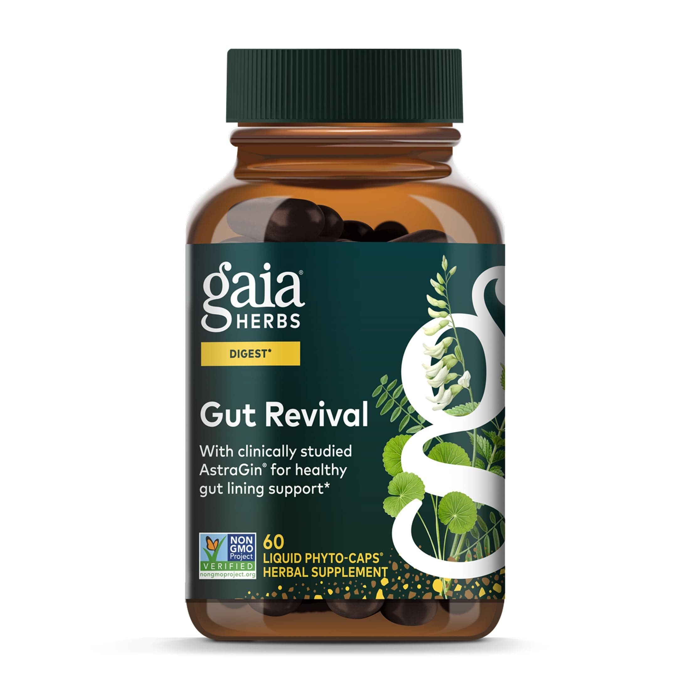 Gut Revival - Herbal Supplement to Support Healthy Gut Lining* - Made with AstraGin, Gotu Kola, Jujube & More - Free from Dairy, Soy & Gluten - 60 Vegan Liquid Phyto-Caps (60 Servings)