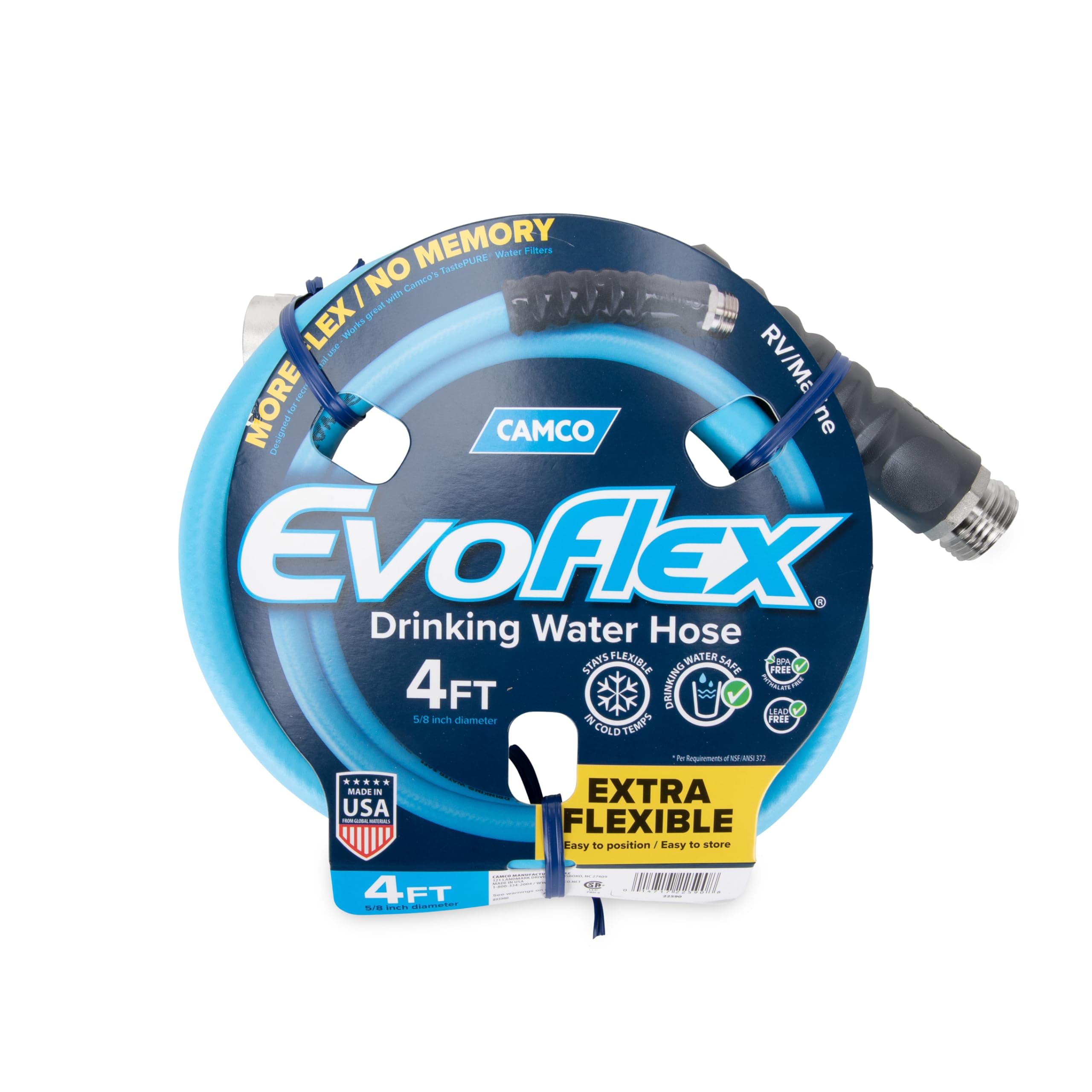 Camco EVOFlex 4-Ft RV Drinking Water Hose - Features Extra Flexible Design w/Stainless Steel Strain Relief Ends - Lead-Free, BPA-Free and Phthalate-Free - 5/8” ID (22590)