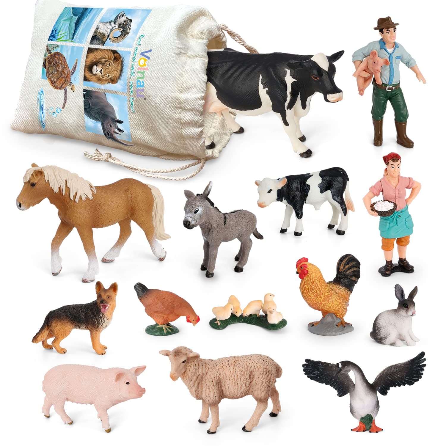 Volnau Farm Animal Toys Figurines 14PCS Barn Figures for Toddlers Kids Preschool Educational Cow Sheep Cock Hen Dog Pig Sets Christmas Decoration Gift