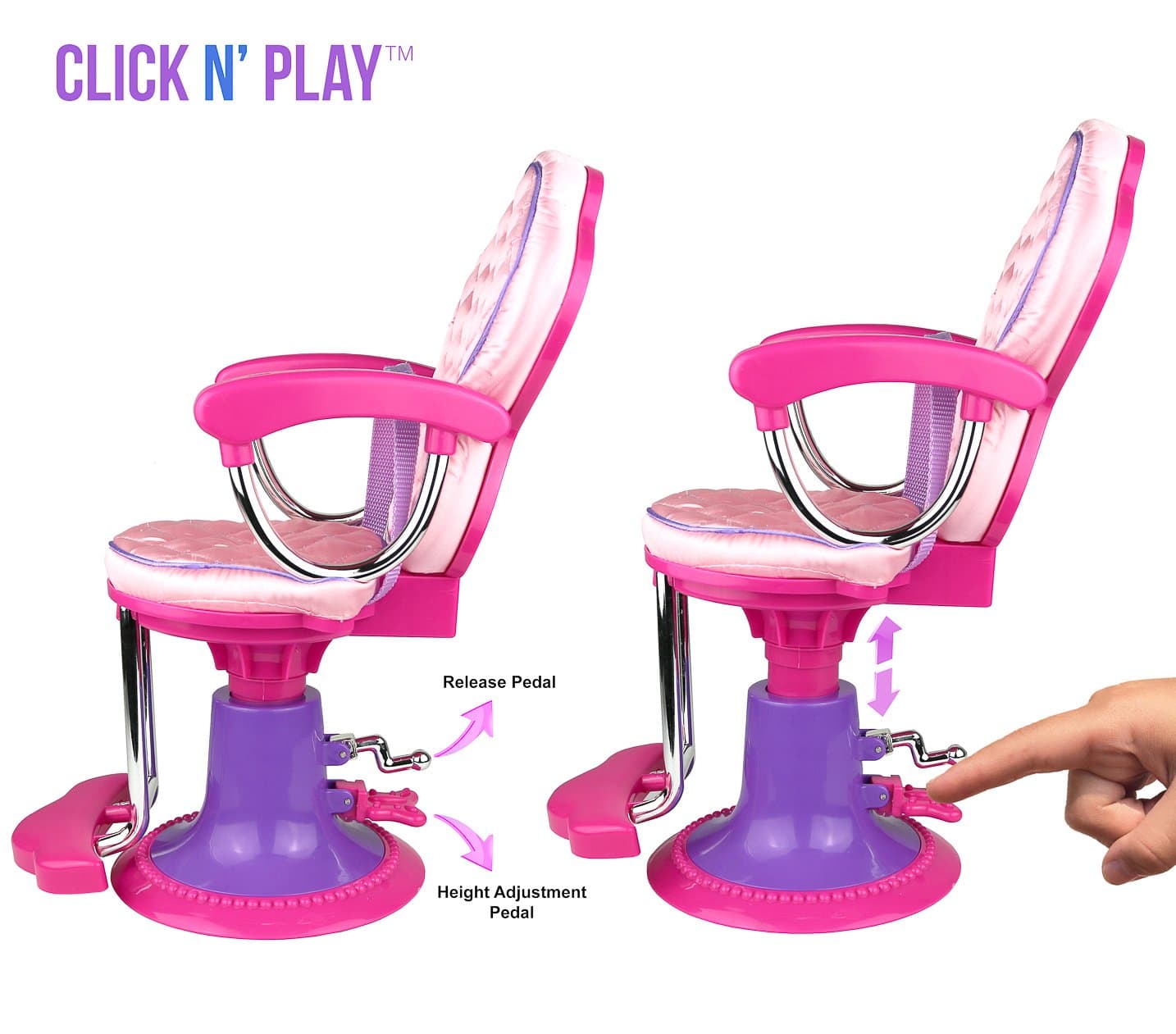 Click N' Play Doll Salon Chair for Pretend Play - Hair Salon Toys for Girls, Pretend Salon Kit with Accessories: Hair Brush, Curlers, Clips - Chair for Dolls - Girl Gift for Ages 3 Up, Pink, Purple