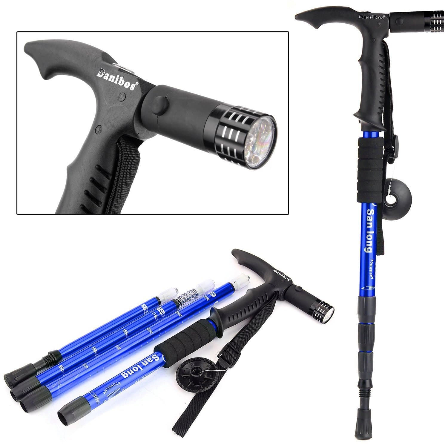 Homesoul 4-Step Adjustable Anti-Shock Telescopic Hiking Walking Stick with LED Flashlight and Batteries Included (Assorted Colour)