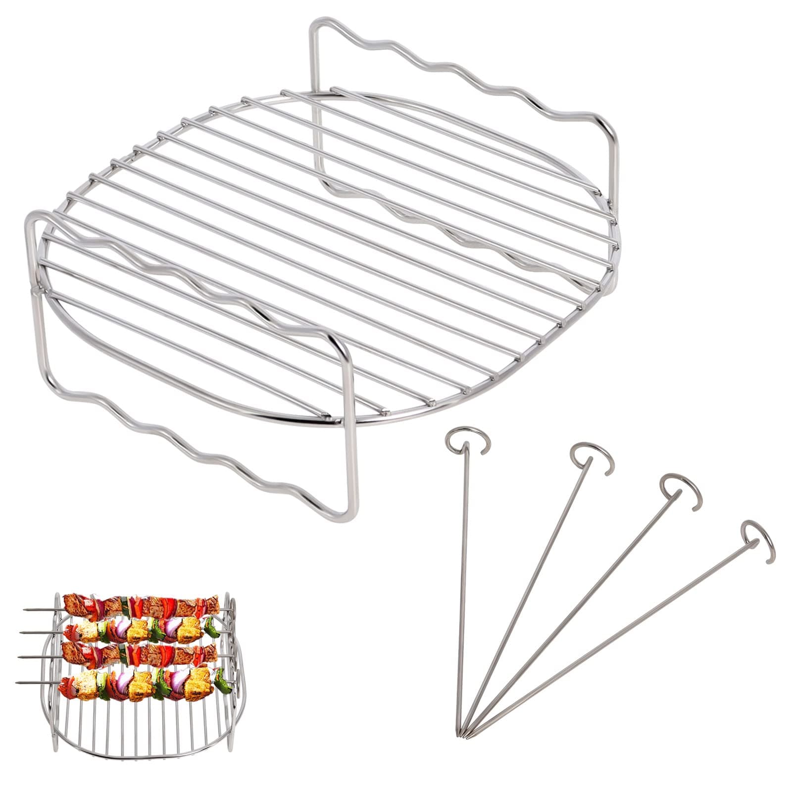 Gekufa Air Fryer Rack Compatible with Tefal 4.2L Cosori 3.5L/3.8L/4.7L Tower 4L Ninja 3.8L Philips 4.1L Air Fryer Accessories 304 Stainless Steel Double Layer Rack with 4 Skewers by