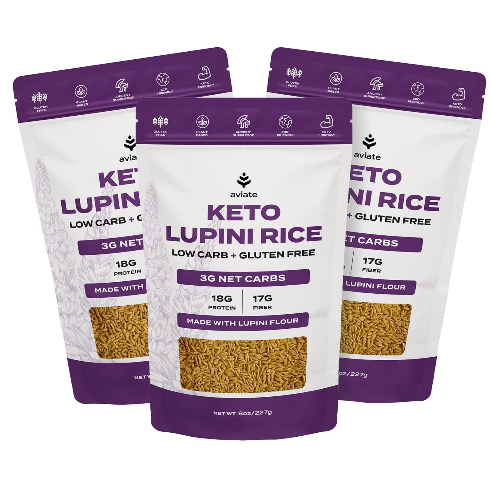 Aviate Keto Rice - Low Carb (3g Net) Lupini Rice, High Protein (18g), Gluten-Free, Made with Lupin Flour, Plant Based Vegan, Keto-friendly, Low Carb (8oz) (Pack of 3)