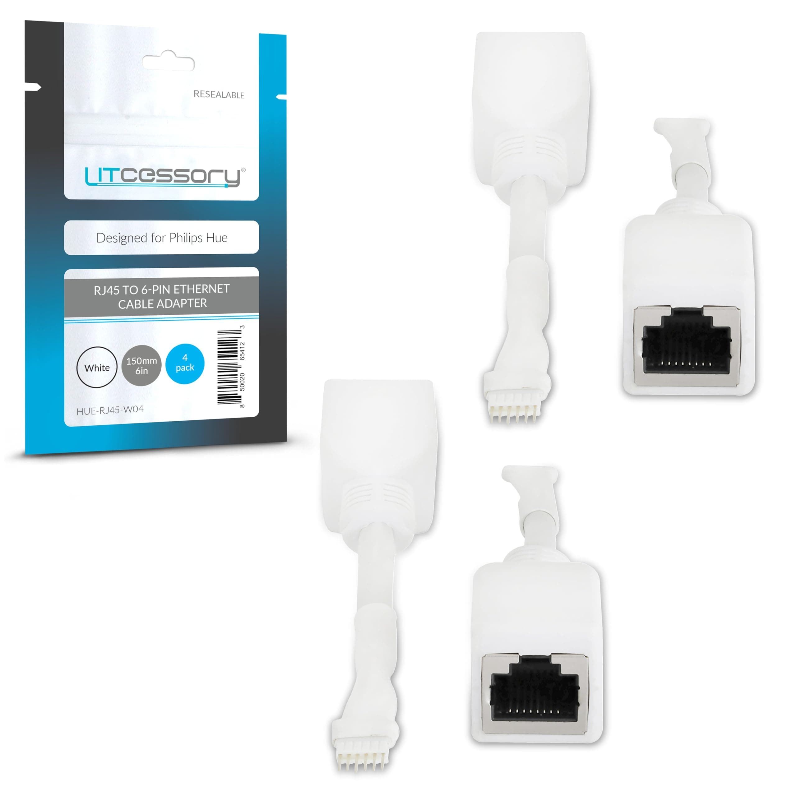 Litcessory RJ45 to 6-Pin Ethernet Cable Adapter for Philips Hue/Solo Lightstrip (4 Pack - Two Pairs, White - MICRO 6-PIN V4 / Solo Lightstrip)