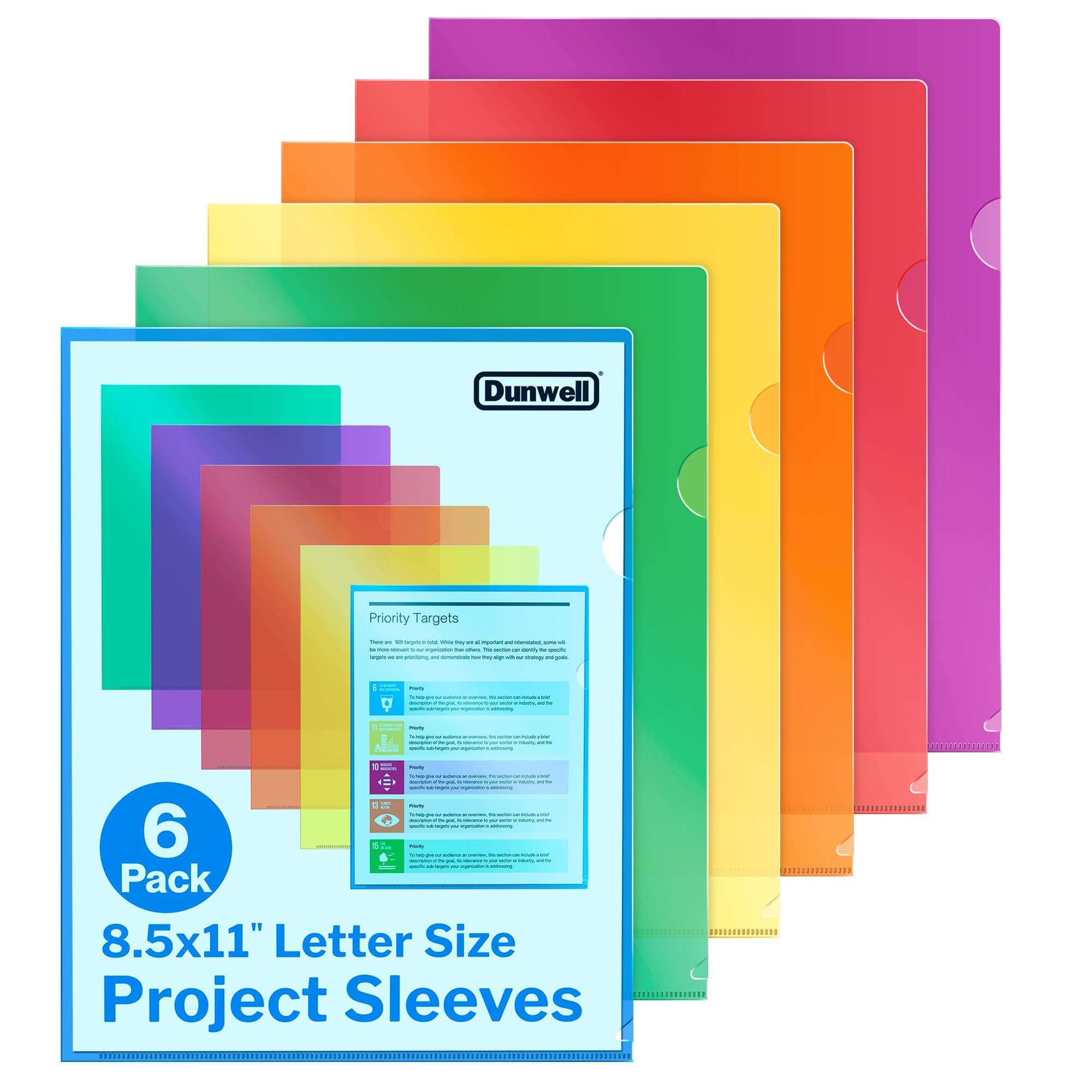 Dunwell Clear Plastic Folders for Documents (6 Pack, Assorted Colors) - Letter Size Plastic File Folder Sleeves 8.5x11 - Durable & Tear-Resistant Poly Document Folder Jackets for School, Office & Home