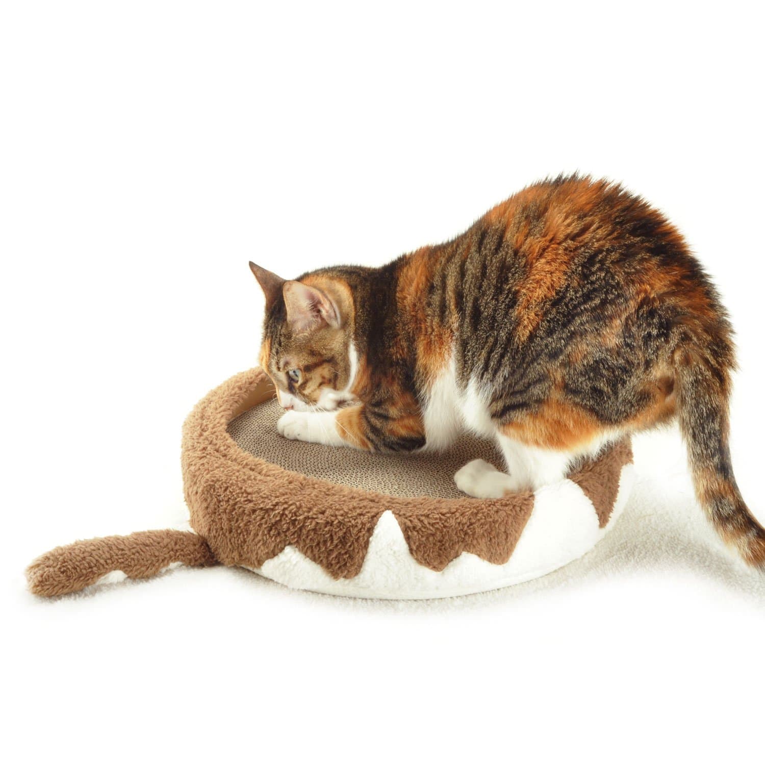 4CLAWS Round Scratching Bed 14" (Tabby Brown and White) - DELUXE Collection Cat Scratcher