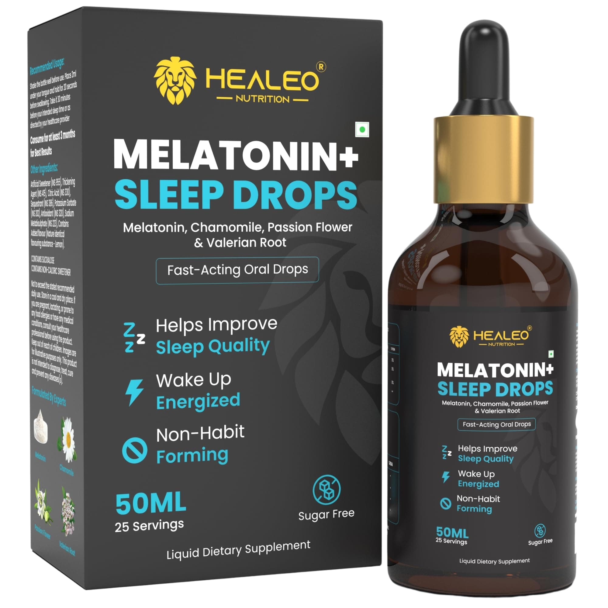 Healeo Melatonin 10mg Sleep Drops for Deep Sleep, Stress & Anxiety Relief | With Chamomile, Passion Flower & Valerian Root | Safe & Non Habit Forming - 50ml