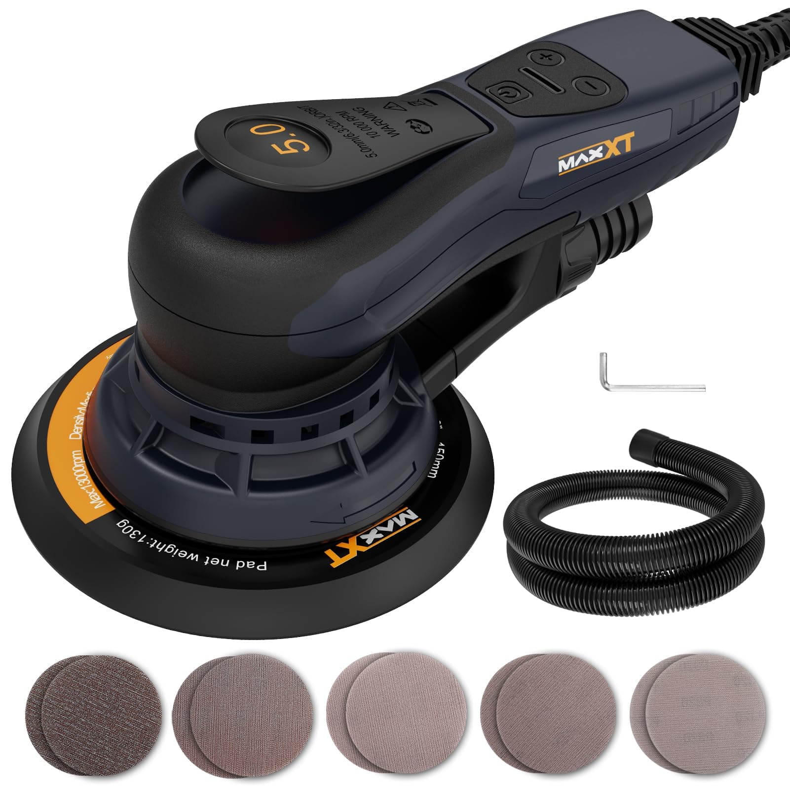 MAXXT Electric 5mm Random Orbital Sander, Brushless 350W 3A Palm Sander, Multi-function Variable Speed Electric Corded Orbital Sanders Machine with 6Inch Sanding Pad, 10 Sanding Paper for Woodworking
