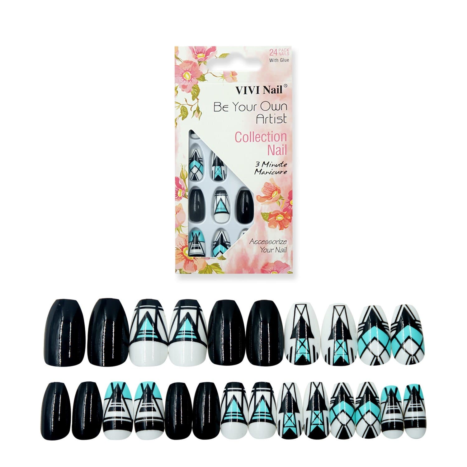 Ballerina False Nails with Designs 24 Pieces Coffin Nail Tips for Girls