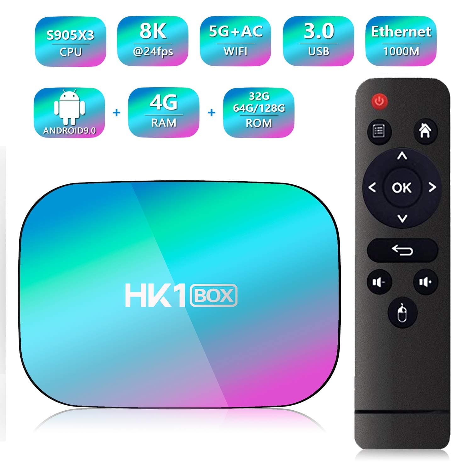 HK1 BOX Android 9.0 Smart TV Box Amlogic S905X3 CPU 4GB RAM 64GB 2.4G+5G Wifi 1000M BT4.0 8K Smart Media Player for Netflix Youtube