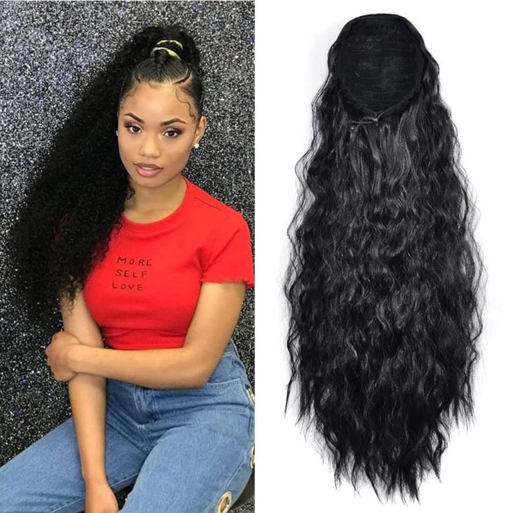 Afro Curly Kinky Straight Wave Clip in Ponytail Drawstring for Black Woman Hair Extension High Puff Afro (Long Black)