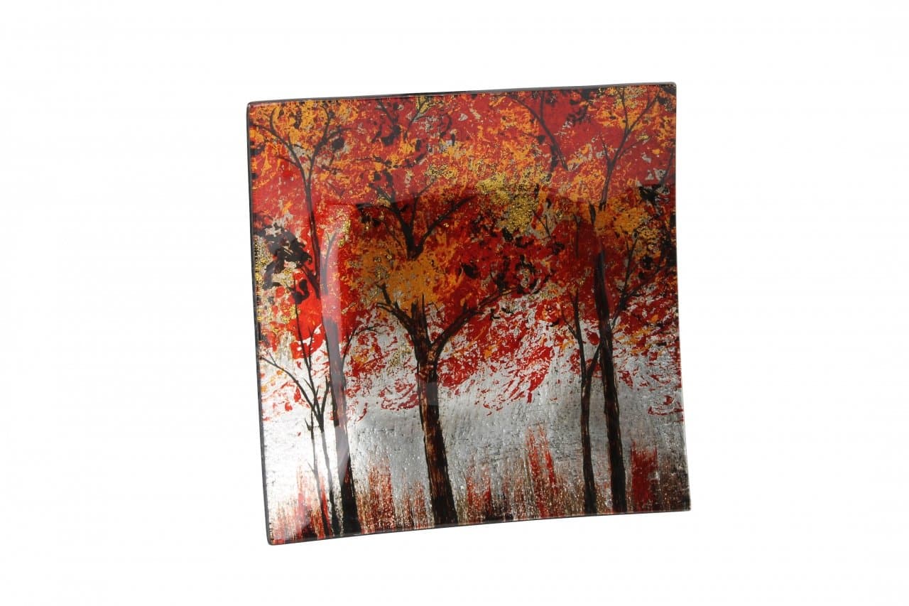 GOLDEN AUTUMN LEAVES - Square AUTUMN LEAVES Decorative Glass Lacquerware Plate / Dish - 19cm