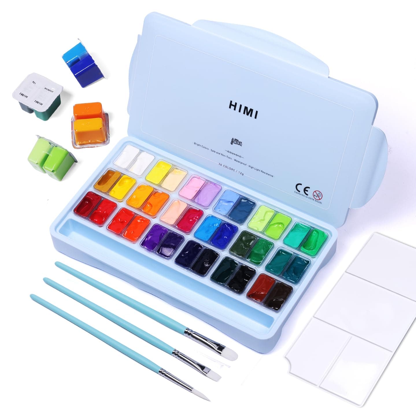 HIMI Gouache Paint Set, 36 Colors x 12ml Twin Jelly Cup Design with 3 Paint Brushes and a Palette in a Carrying Case Perfect for Artists, Students, Gouache Opaque Painting