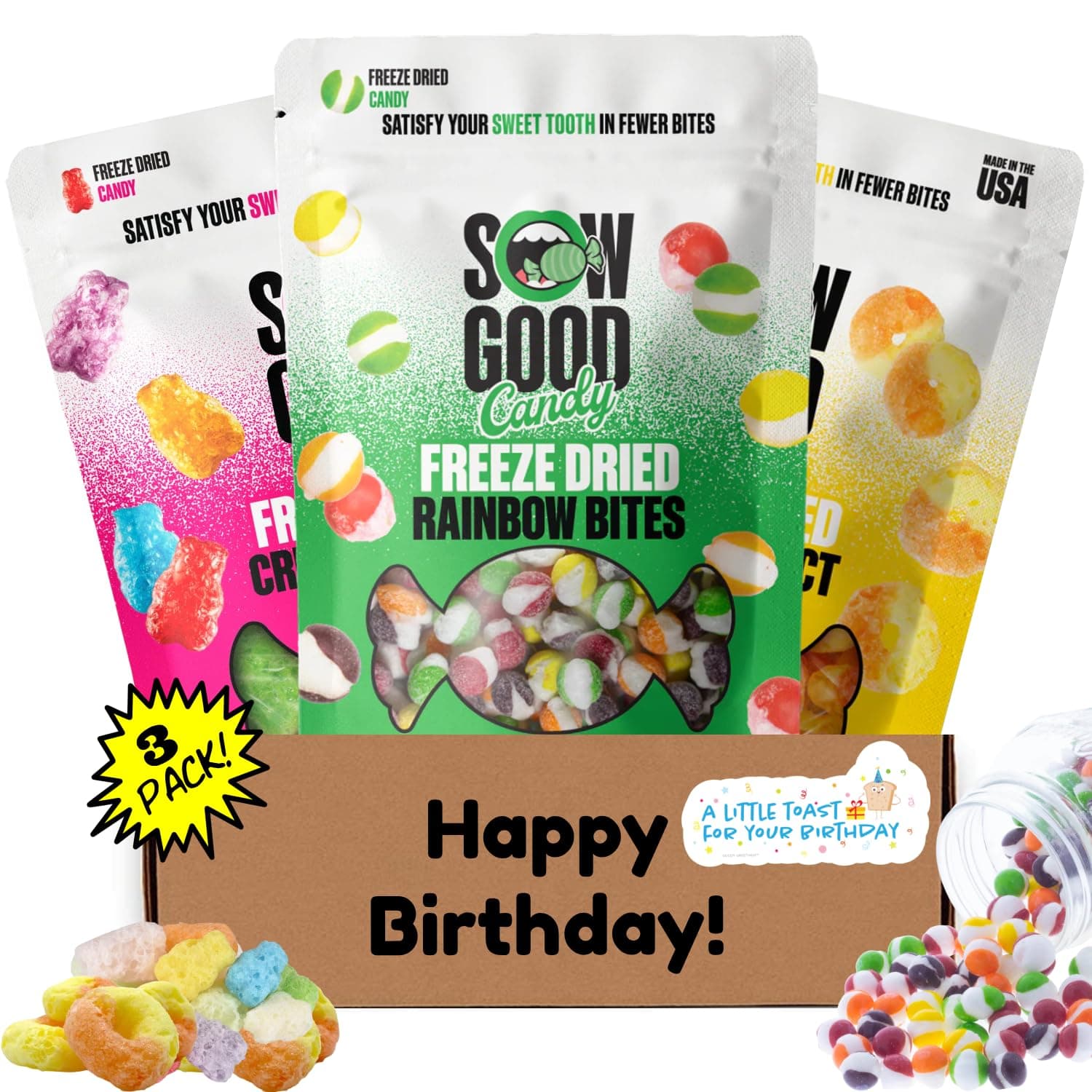 Hangry Kit Birthday Snack Box - Happy Birthday Gift Basket Care Package - Contains Birthday Freeze Dried Candy, May Include Freeze Dried Skittles, Sweet Squares, Sour Worms & Other Varieties. Party Variety Gift Box.