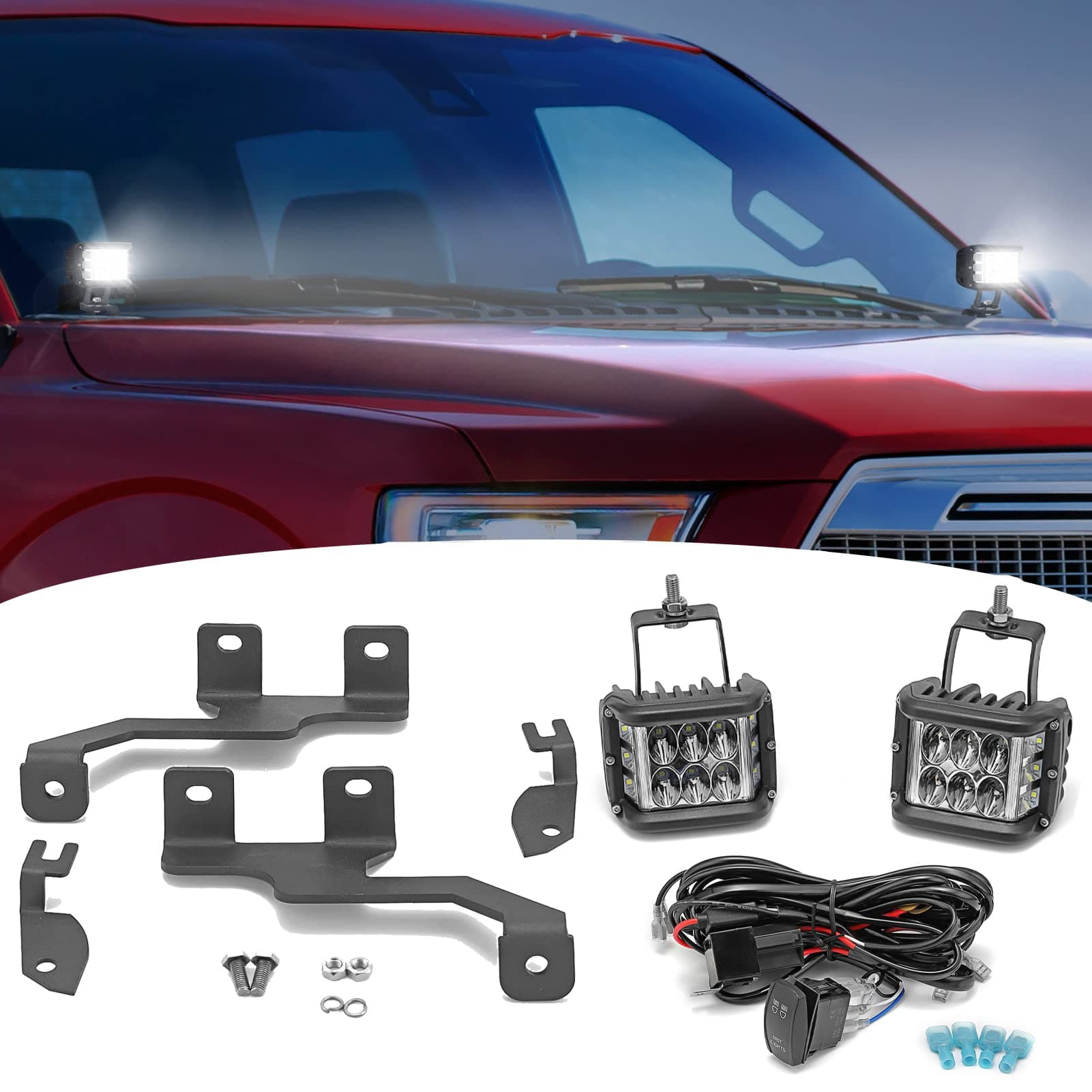 WeiSen60W LED Ditch Light Pods with Hood Light Bar Mount and Wiring Harness Off Road Driving Lights Compatible with 2004-2014 Ford F-150&2010-2014 SVT Raptor