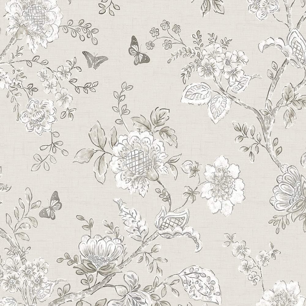 NorwallFH37541 Butterfly Toile Prepasted Wallpaper, Taupe, Grey, Mushroom, 61 Sq Ft