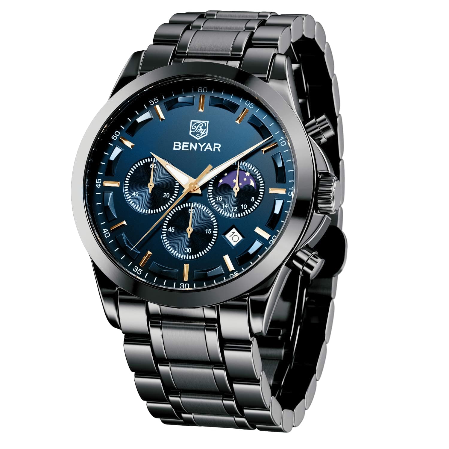 BY BENYAR - Chronograph Wristwatch for Men, Perfect Quartz Movement, Waterproof and Scratch Resistant, Analog Business Watch, black/blue, Bracelet Type