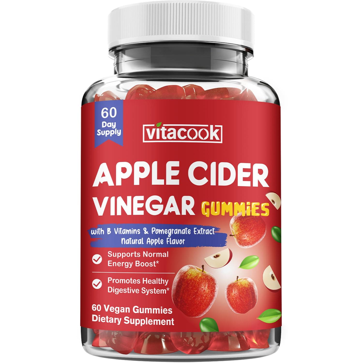 Apple Cider Vinegar Gummies for Increased Energy, Digestive Health, with Vitamin B9, Vitamin B12, Pomegranate Extract, Unfiltered, Non-GMO, Pectin-Based, No Gluten, No Sugar, 60 Gummies