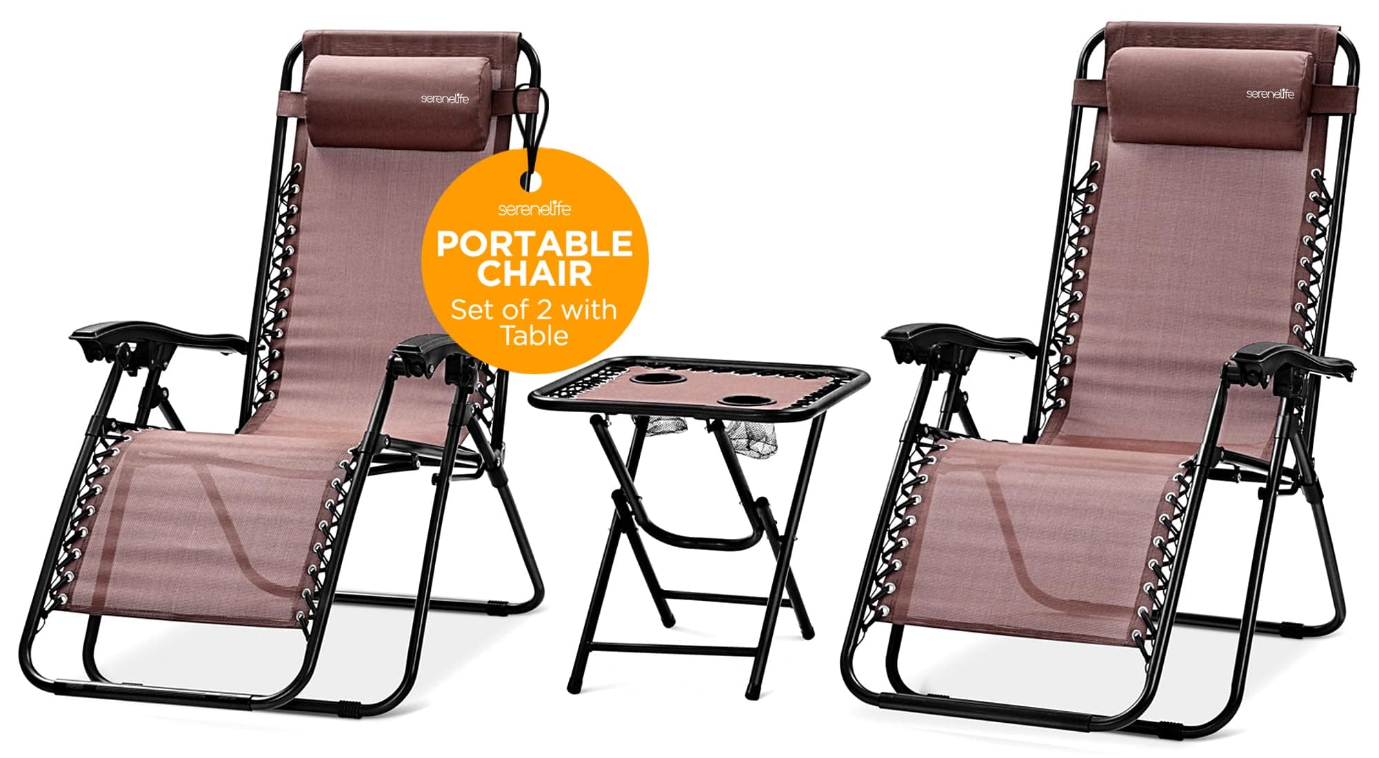 SereneLife Zero Gravity Chairs Set of 2 - Adjustable Outdoor Lounge Chairs with Side Table, Cup Holders, Removable Pillows, Folding Portable Ideal for Patio, Backyard, Poolside, Beach Camping
