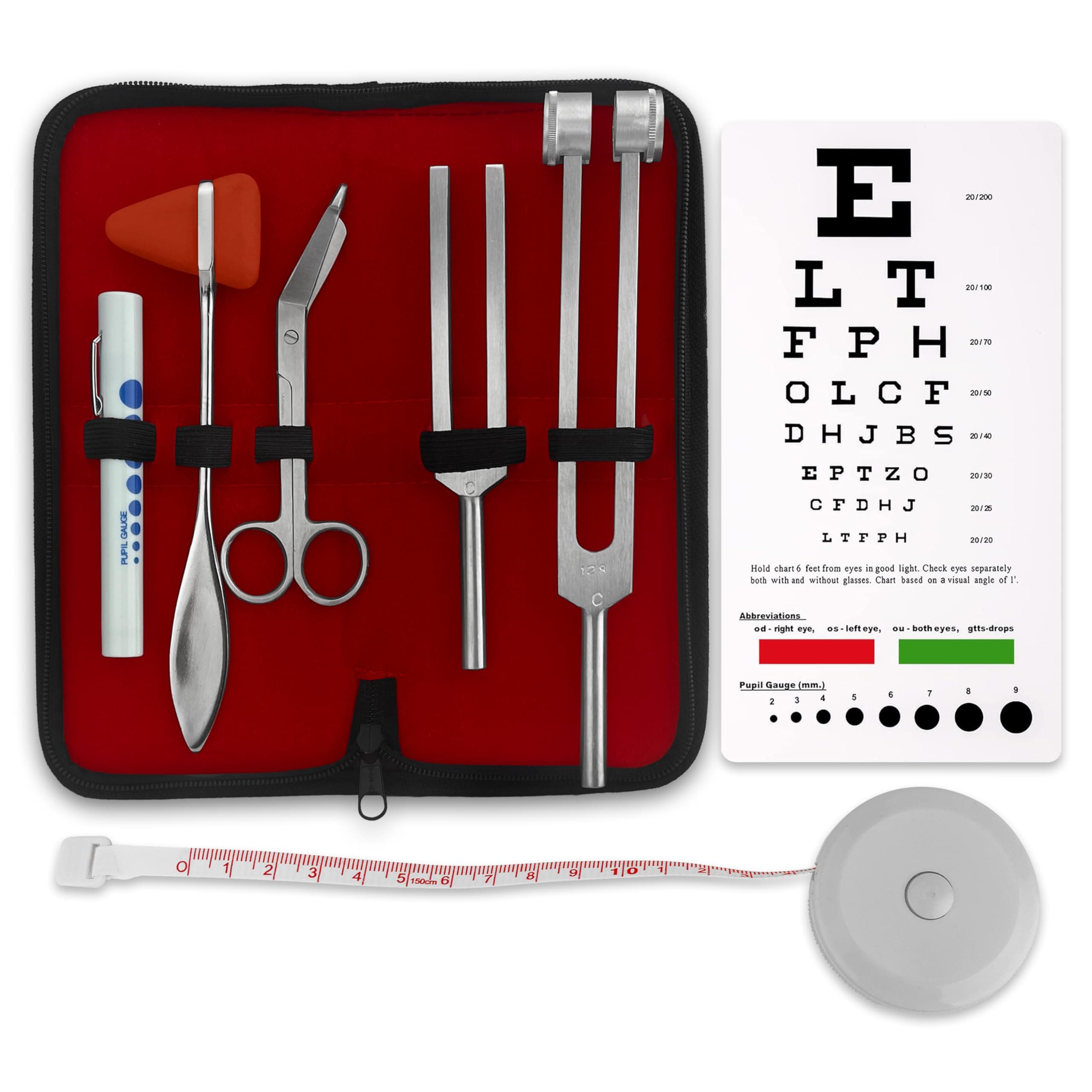 ASA TECHMED Premium 7 Piece Silver Diagnostic Kit - Taylor Hammer, Measuring Tape, Tuning Forks, Bandage Scissors, Pupil Gauge Penlight, Snellen Eye Chart (Silver)