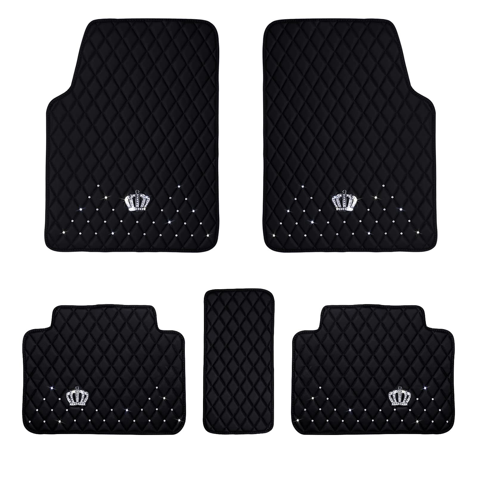 All Weather Pu Leather Floor Mats for Car SUV & Truck - 5 Pack/Set (Front & Rear), Heavy Duty Protection,Crown Car Floor Cushion,Black