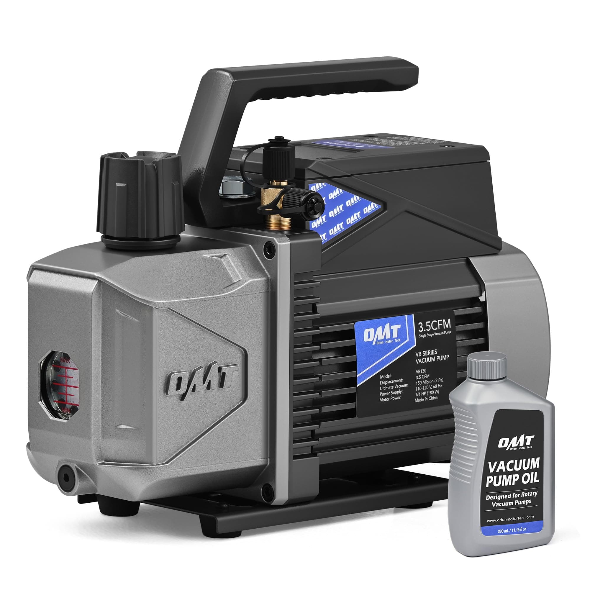 Orion Motor Tech A2L Vacuum Pump, 3.5 cfm 1/4 hp Single Stage Sparkless Ignition Proof Vacuum Pump for R1234yf R32 R134a R22 R410A with 15 Micron Ultimate Vacuum, Auto HVAC Vacuum Pump