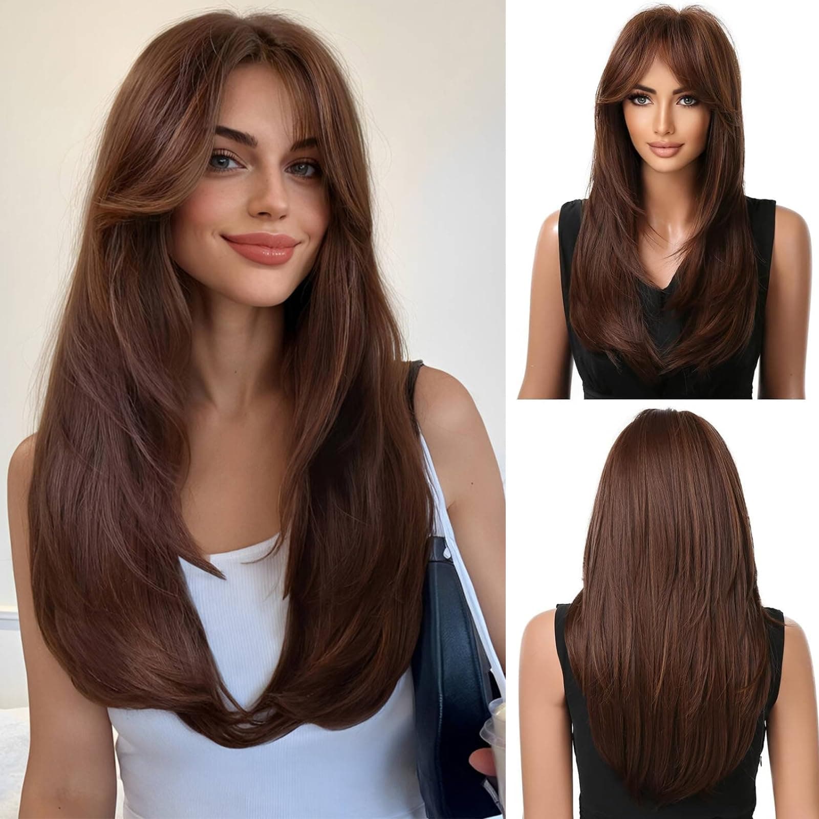 Esmee Long Straight Brown Wigs for Women Synthetic Layered SyntheticHair Wig with Fringe for Daily Party Cosplay Use-20 Inches